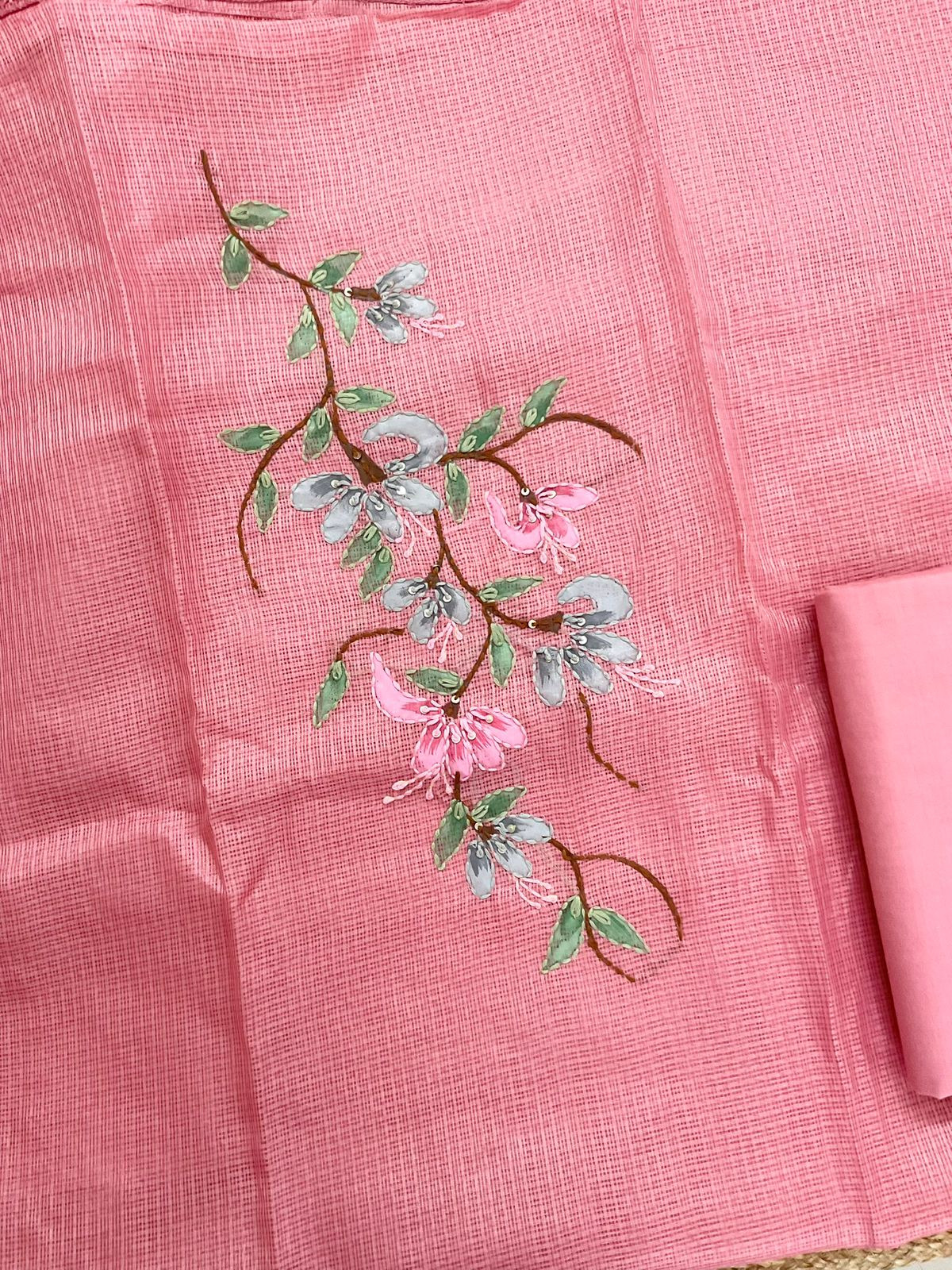 Soft Kota Silk Brush Painted Embroidered Suit - Pink