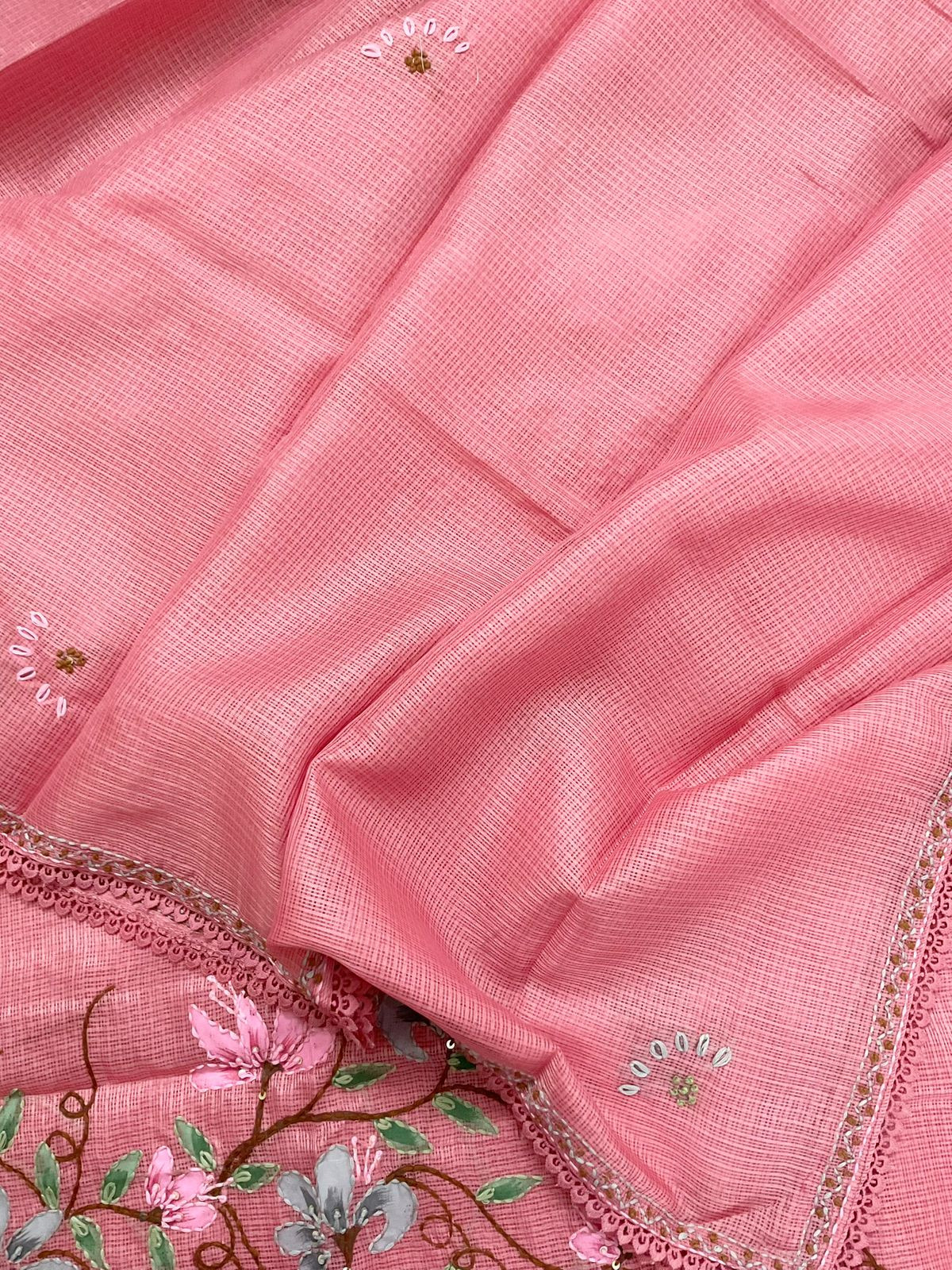 Soft Kota Silk Brush Painted Embroidered Suit - Pink