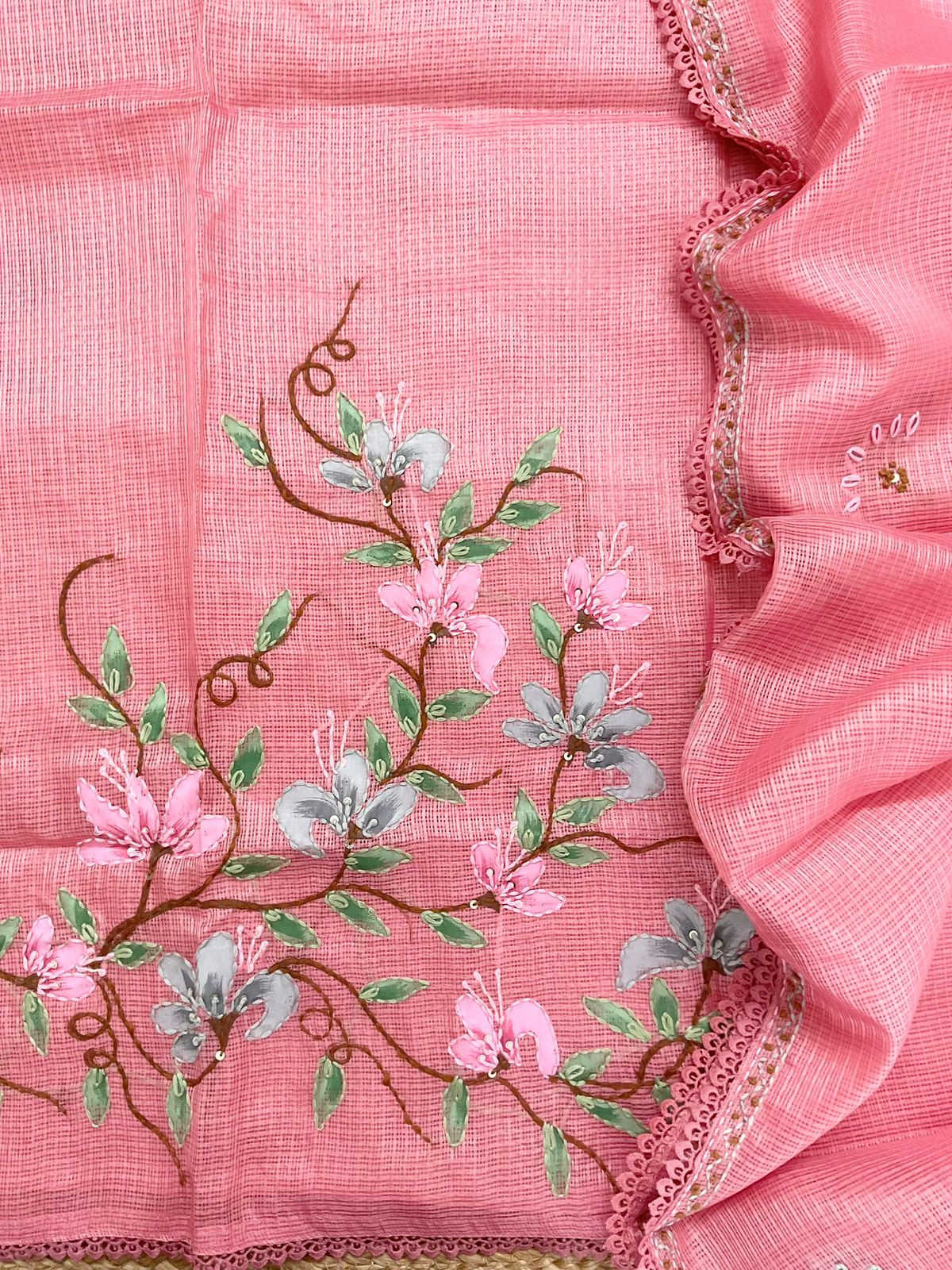 Soft Kota Silk Brush Painted Embroidered Suit - Pink