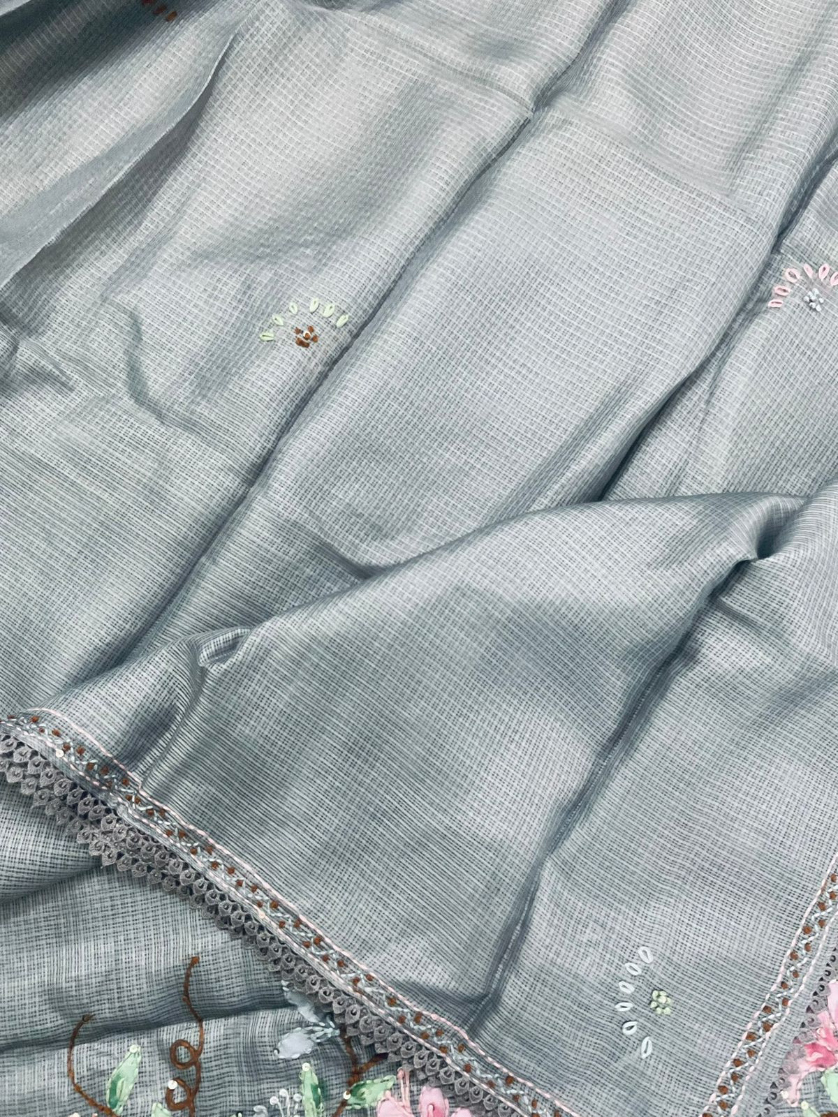 Soft Kota Silk Brush Painted Embroidered Suit - Grey