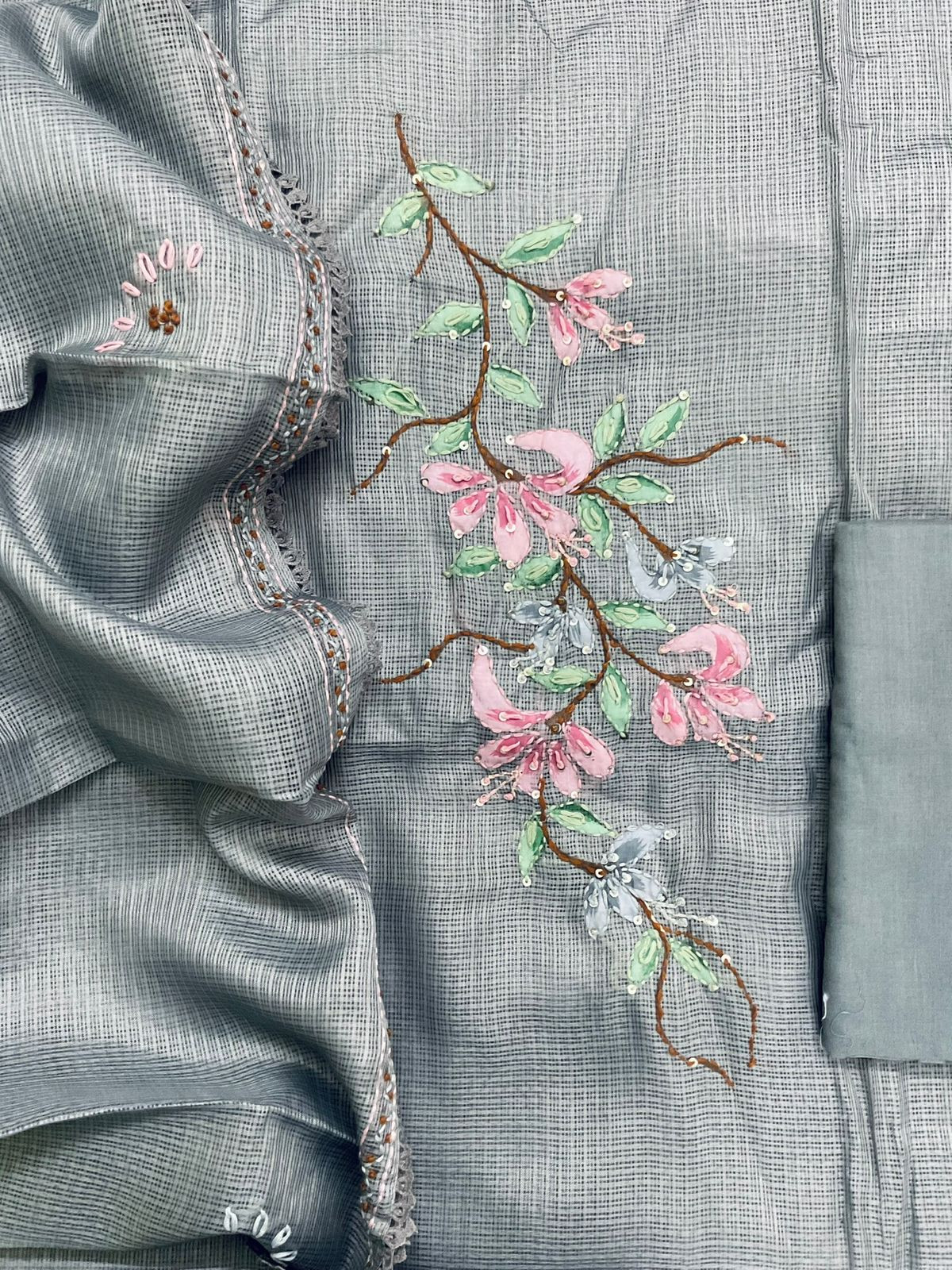 Soft Kota Silk Brush Painted Embroidered Suit - Grey