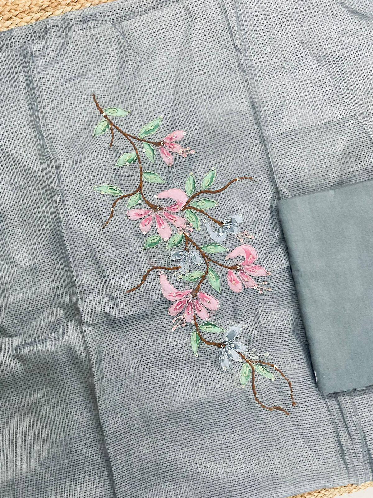 Soft Kota Silk Brush Painted Embroidered Suit - Grey