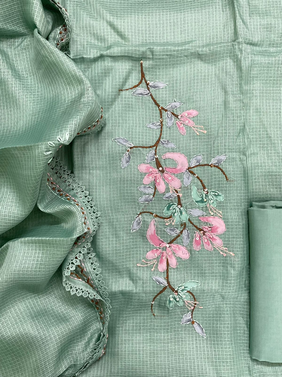 Soft Kota Silk Brush Painted Embroidered Suit - Green