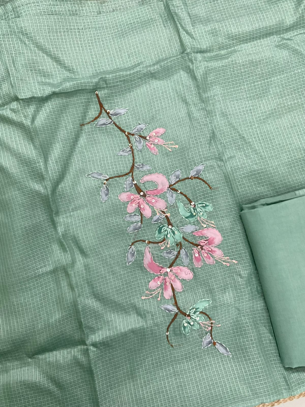 Soft Kota Silk Brush Painted Embroidered Suit - Green