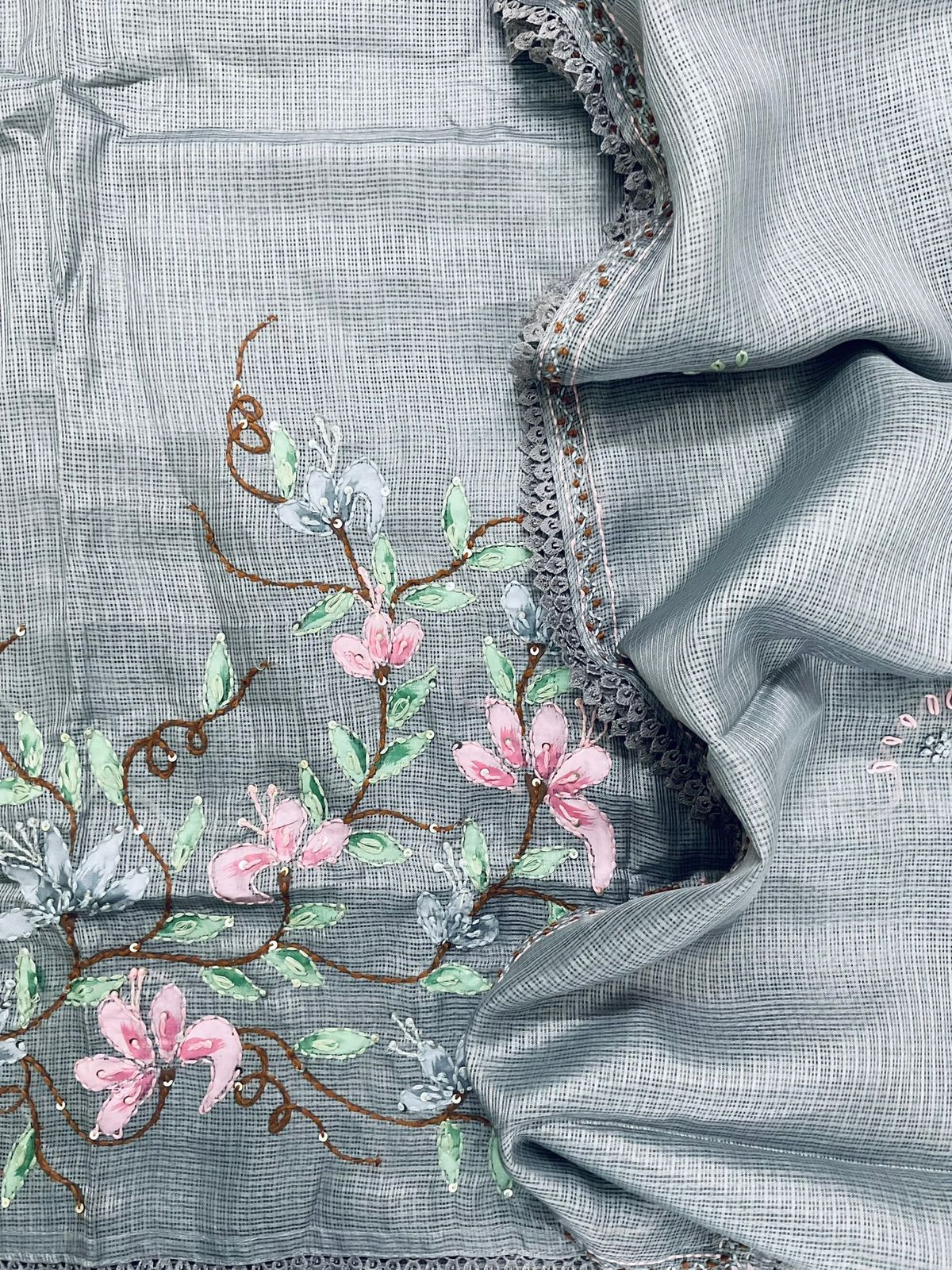 Soft Kota Silk Brush Painted Embroidered Suit - Grey