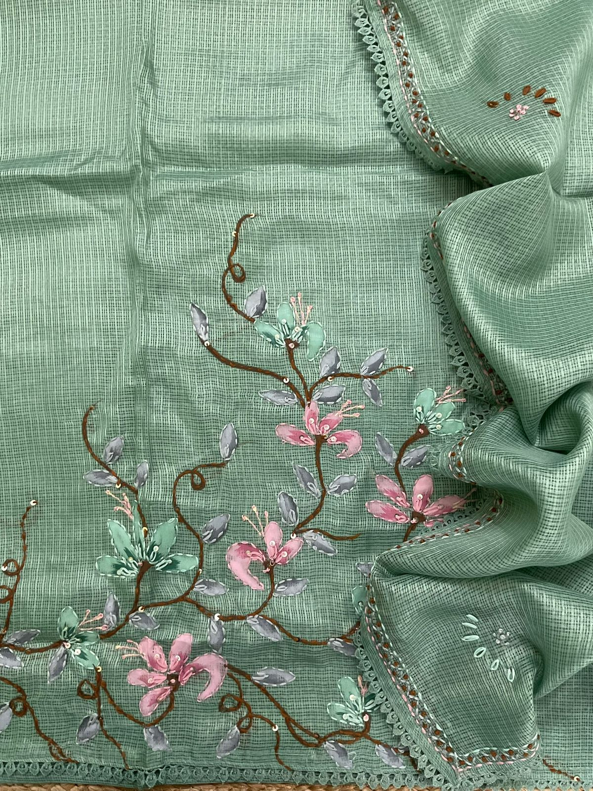 Soft Kota Silk Brush Painted Embroidered Suit - Green