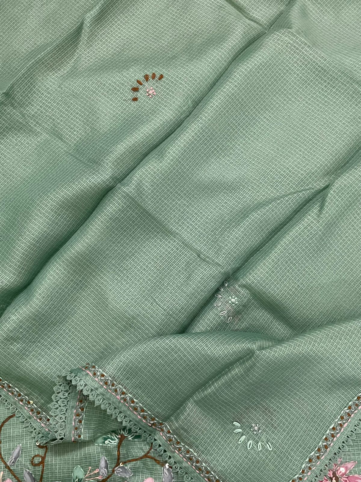 Soft Kota Silk Brush Painted Embroidered Suit - Green
