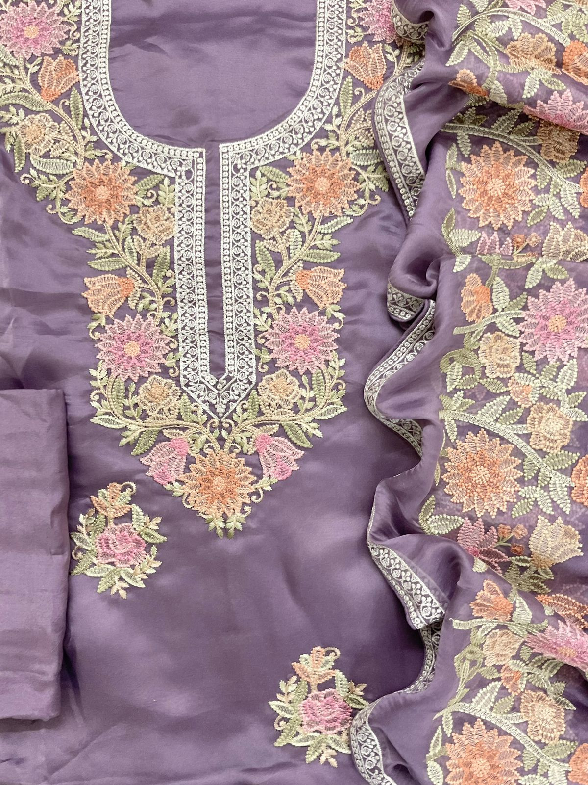 Pure Shimmer Silk Embroidered Suit - Purple