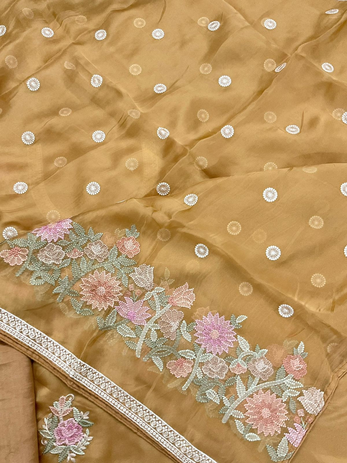 Pure Shimmer Silk Embroidered Suit - Mustard