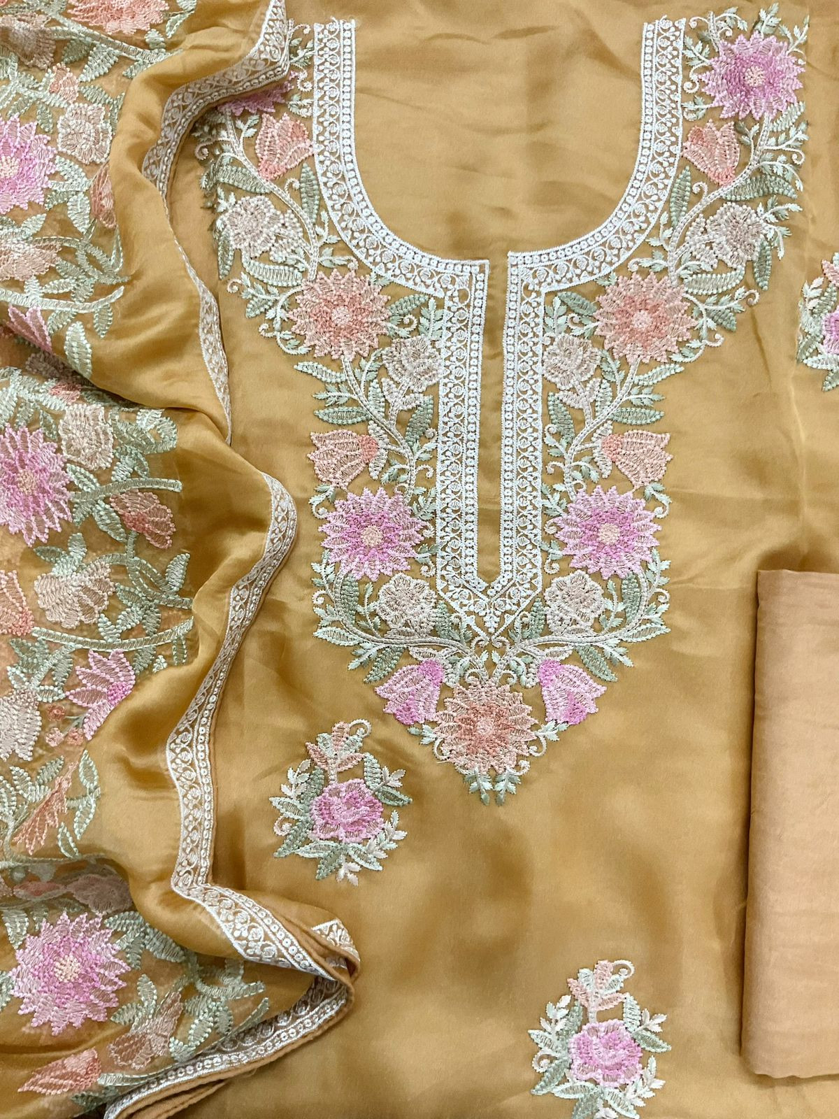 Pure Shimmer Silk Embroidered Suit - Mustard