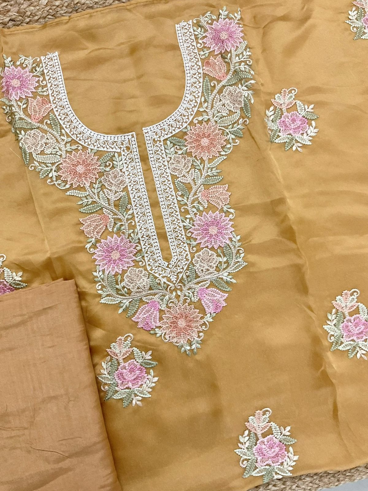 Pure Shimmer Silk Embroidered Suit - Mustard