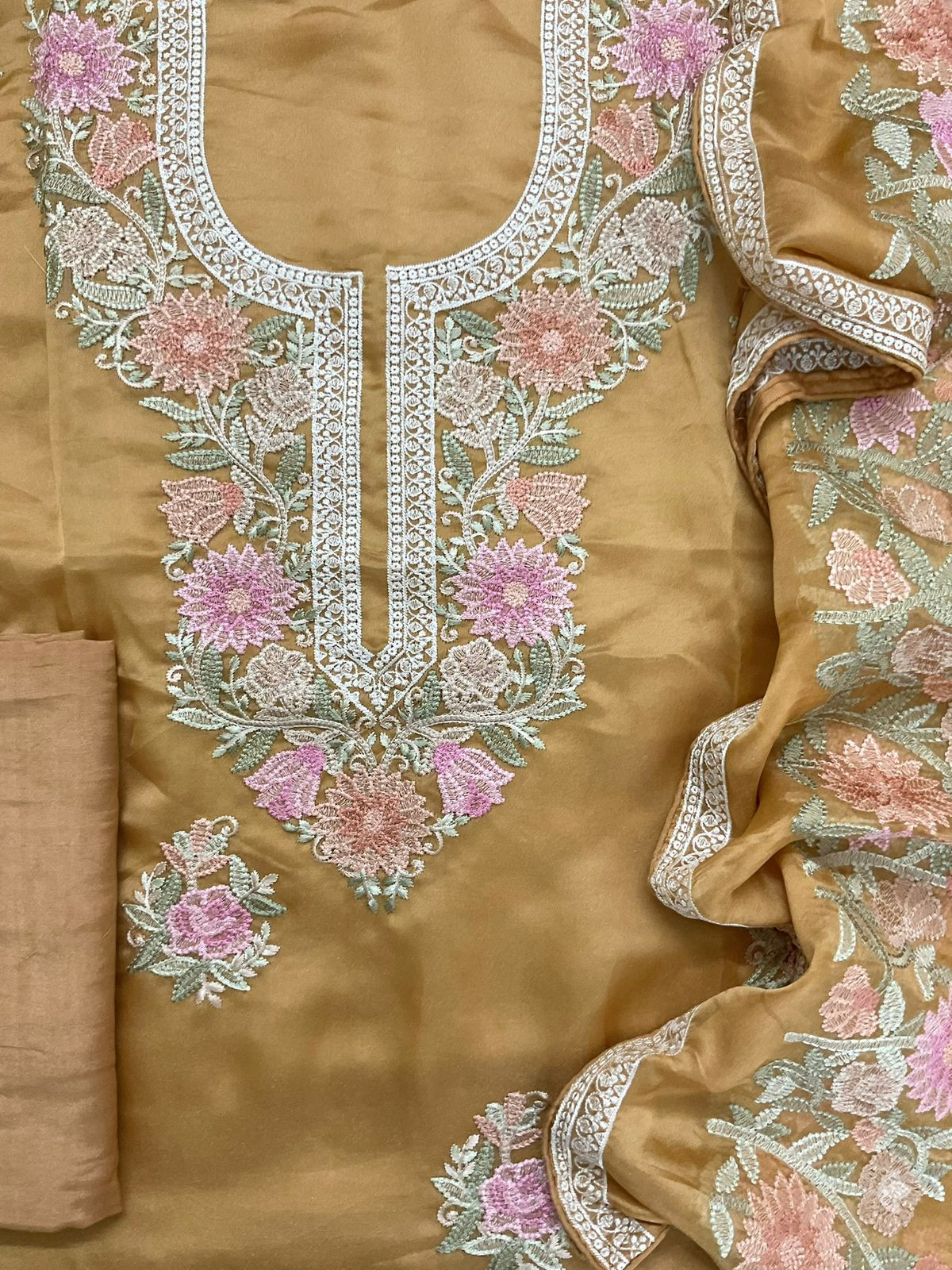 Pure Shimmer Silk Embroidered Suit - Mustard
