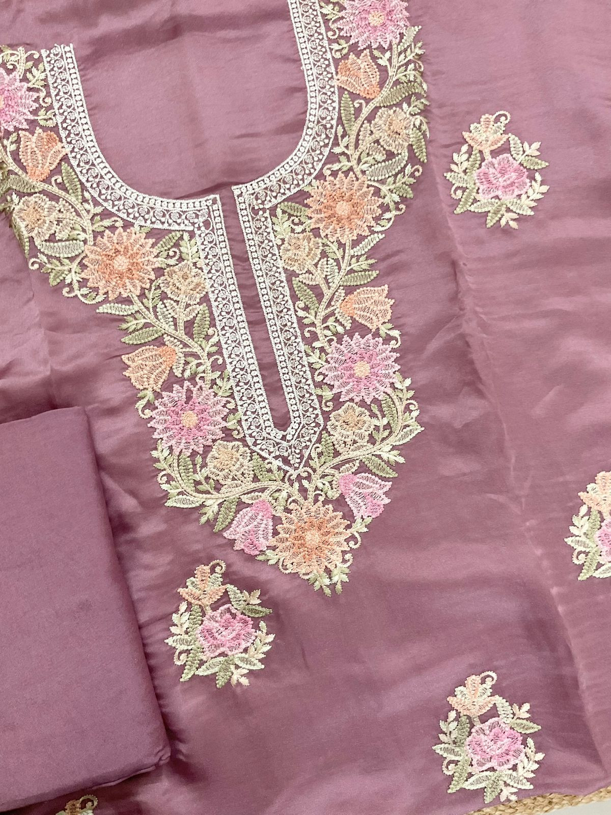 Pure Shimmer Silk Embroidered Suit - Onion Pink
