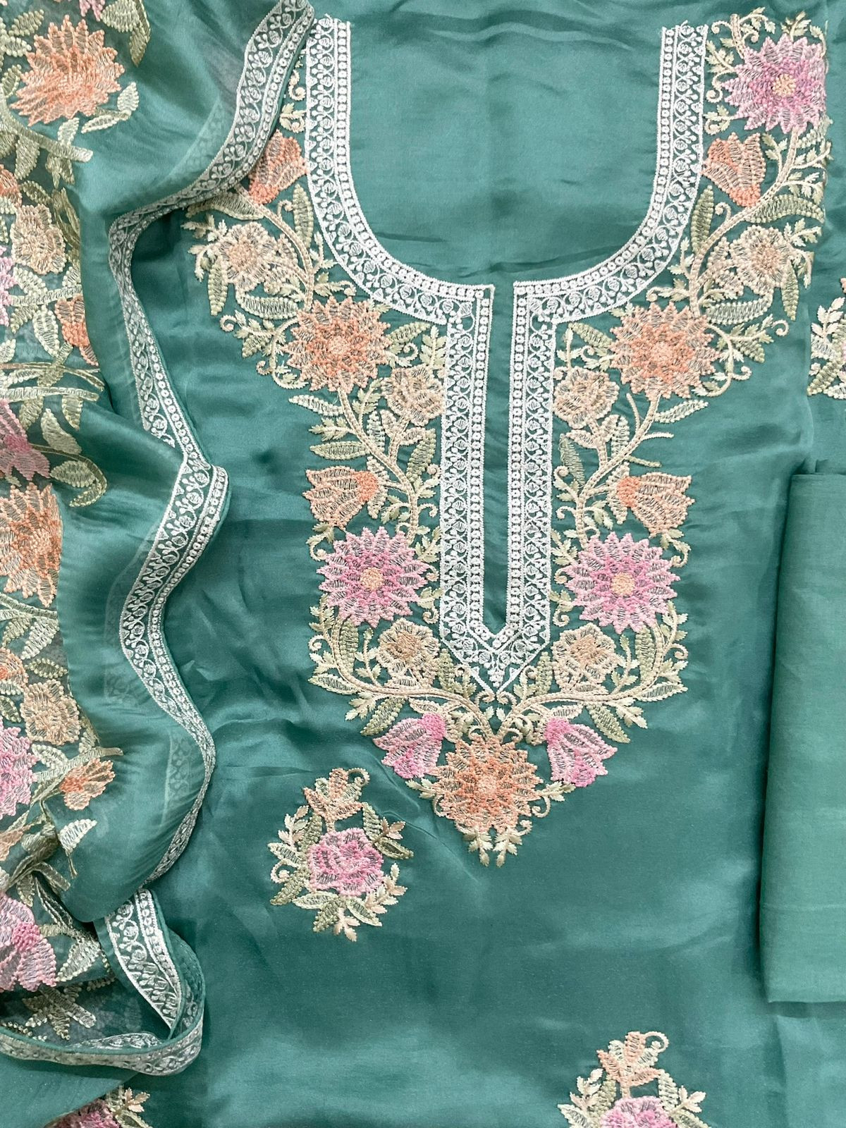 Pure Shimmer Silk Embroidered Suit - Green