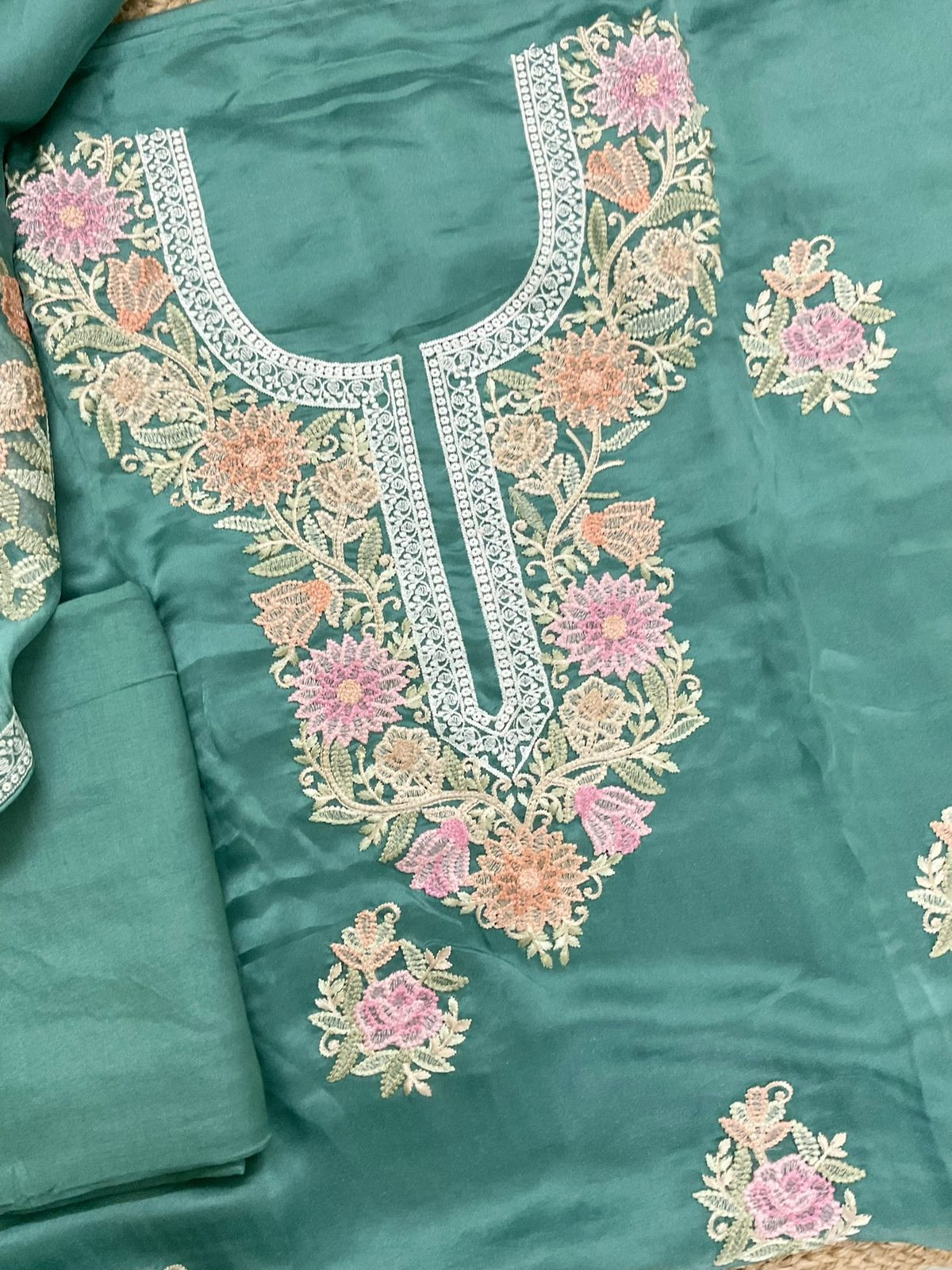 Pure Shimmer Silk Embroidered Suit - Green