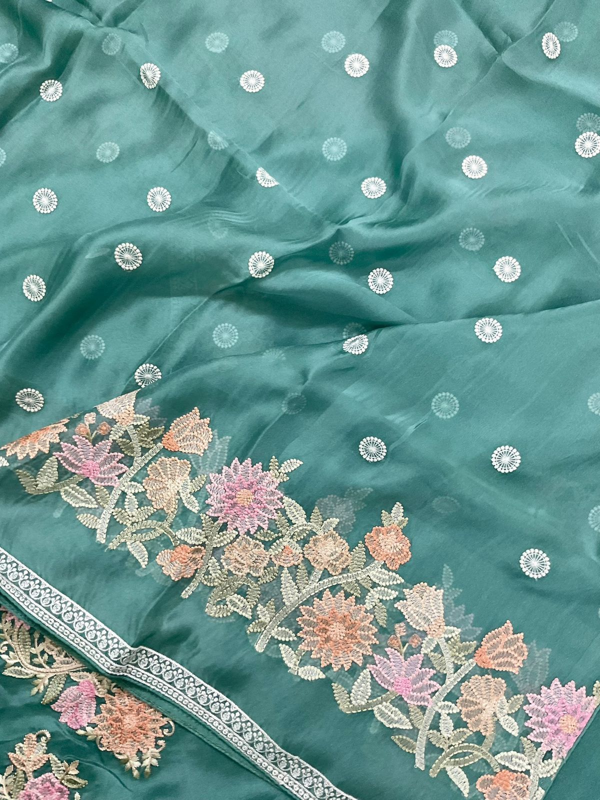 Pure Shimmer Silk Embroidered Suit - Green