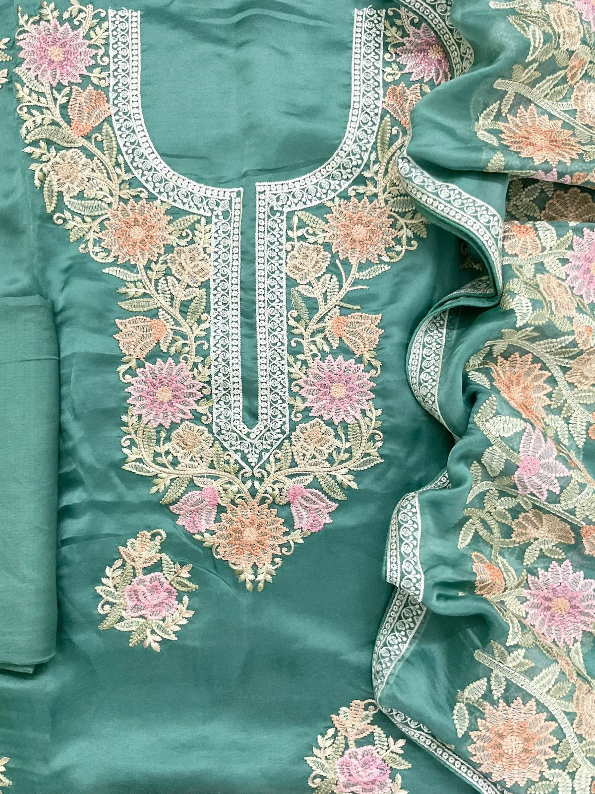 Pure Shimmer Silk Embroidered Suit - Green