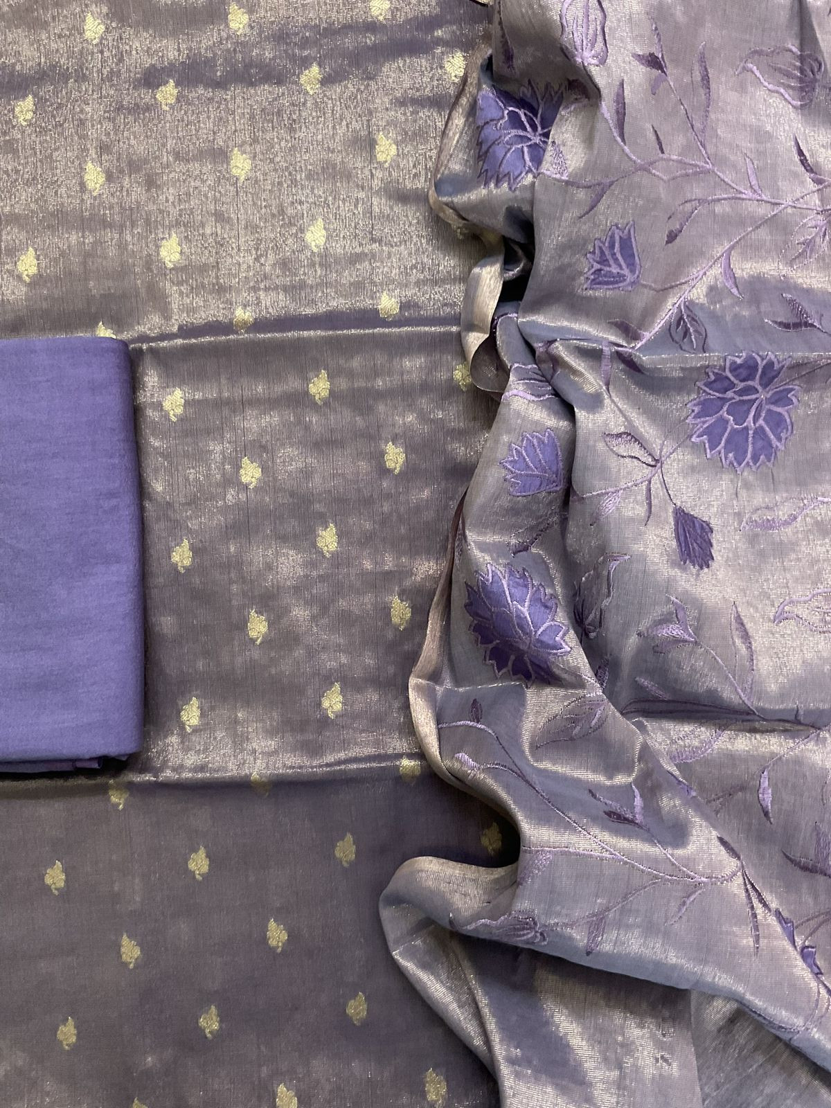 Soft Fine Tissue Shimmer Silk Banarasi Weaved Embroidered Suit - Purple