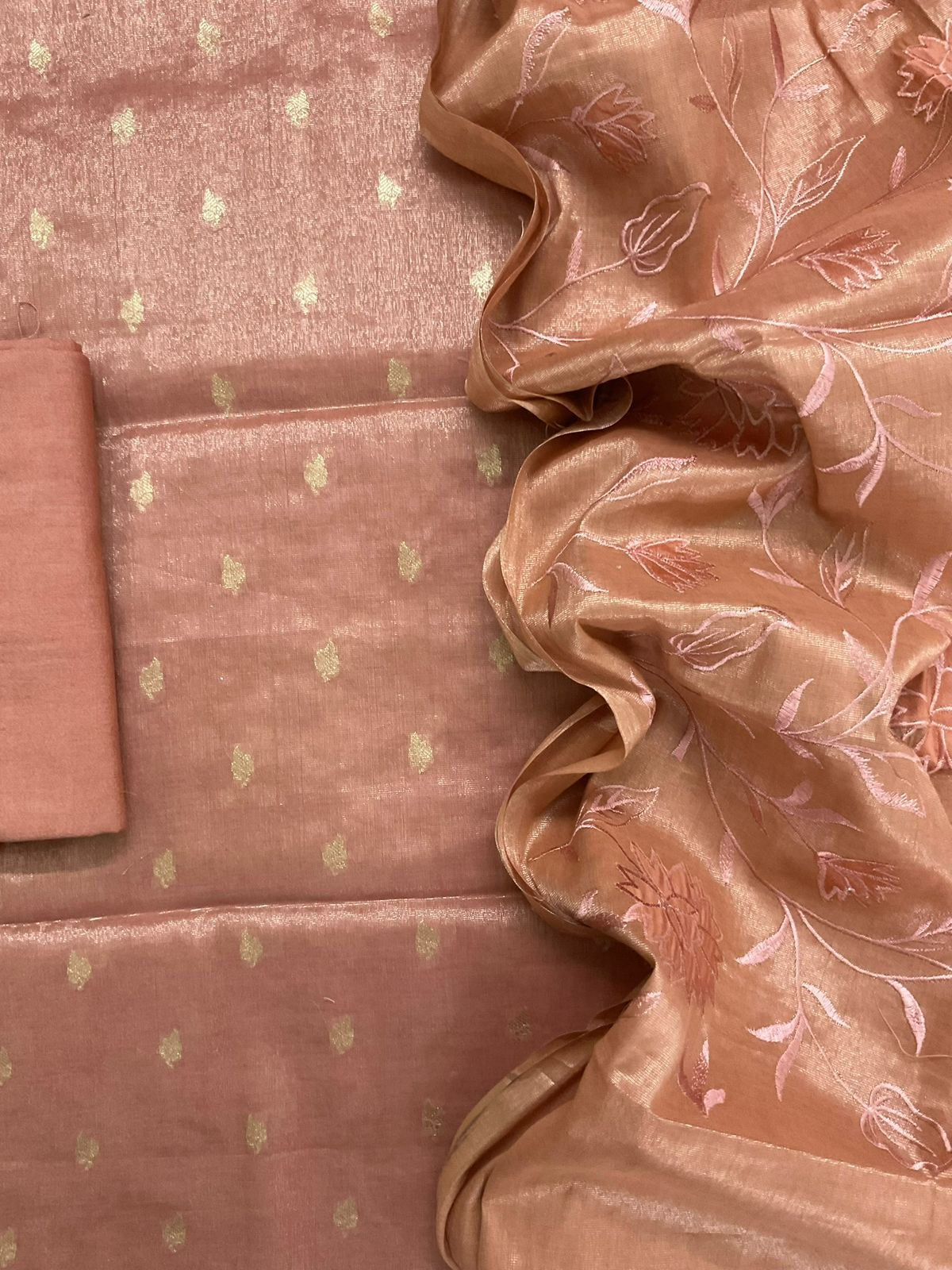 Soft Fine Tissue Shimmer Silk Banarasi Weaved Embroidered Suit - Peach