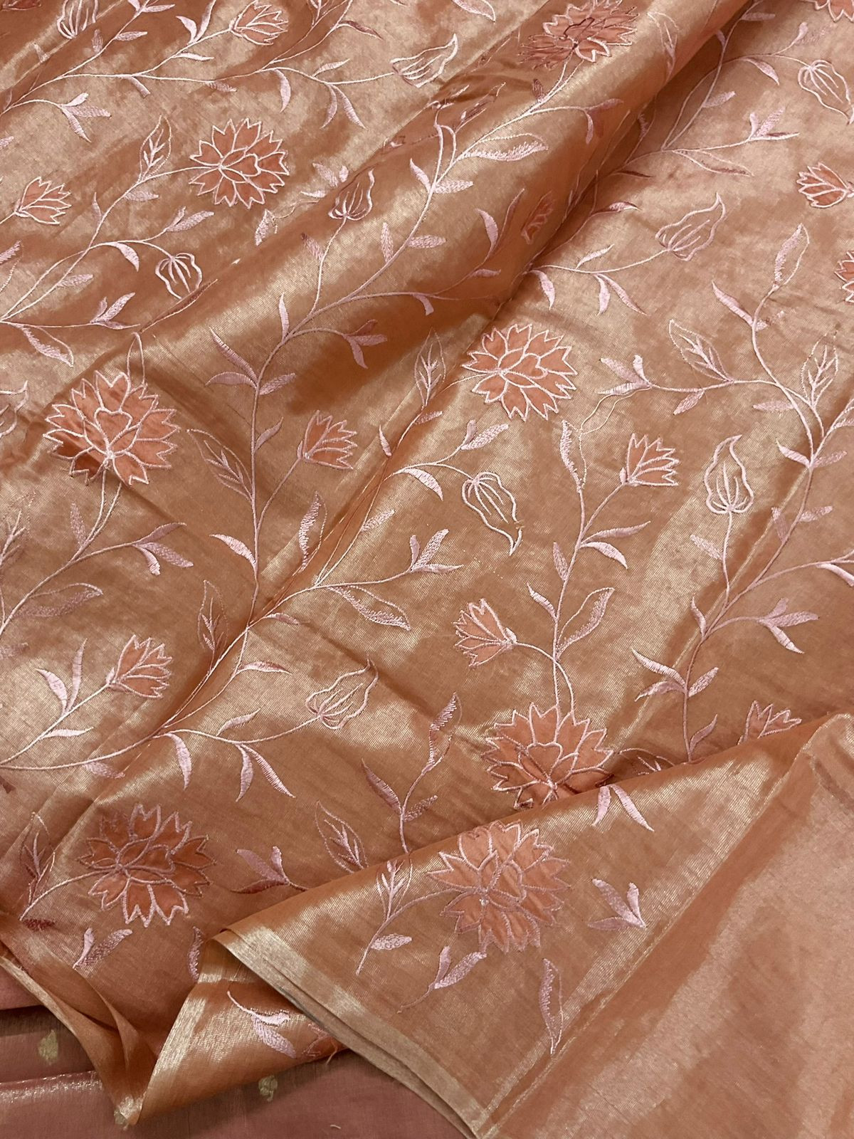 Soft Fine Tissue Shimmer Silk Banarasi Weaved Embroidered Suit - Peach