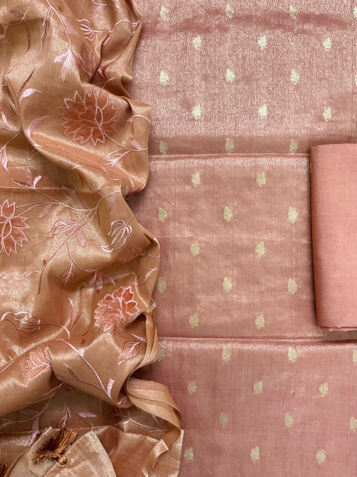 Soft Fine Tissue Shimmer Silk Banarasi Weaved Embroidered Suit - Peach
