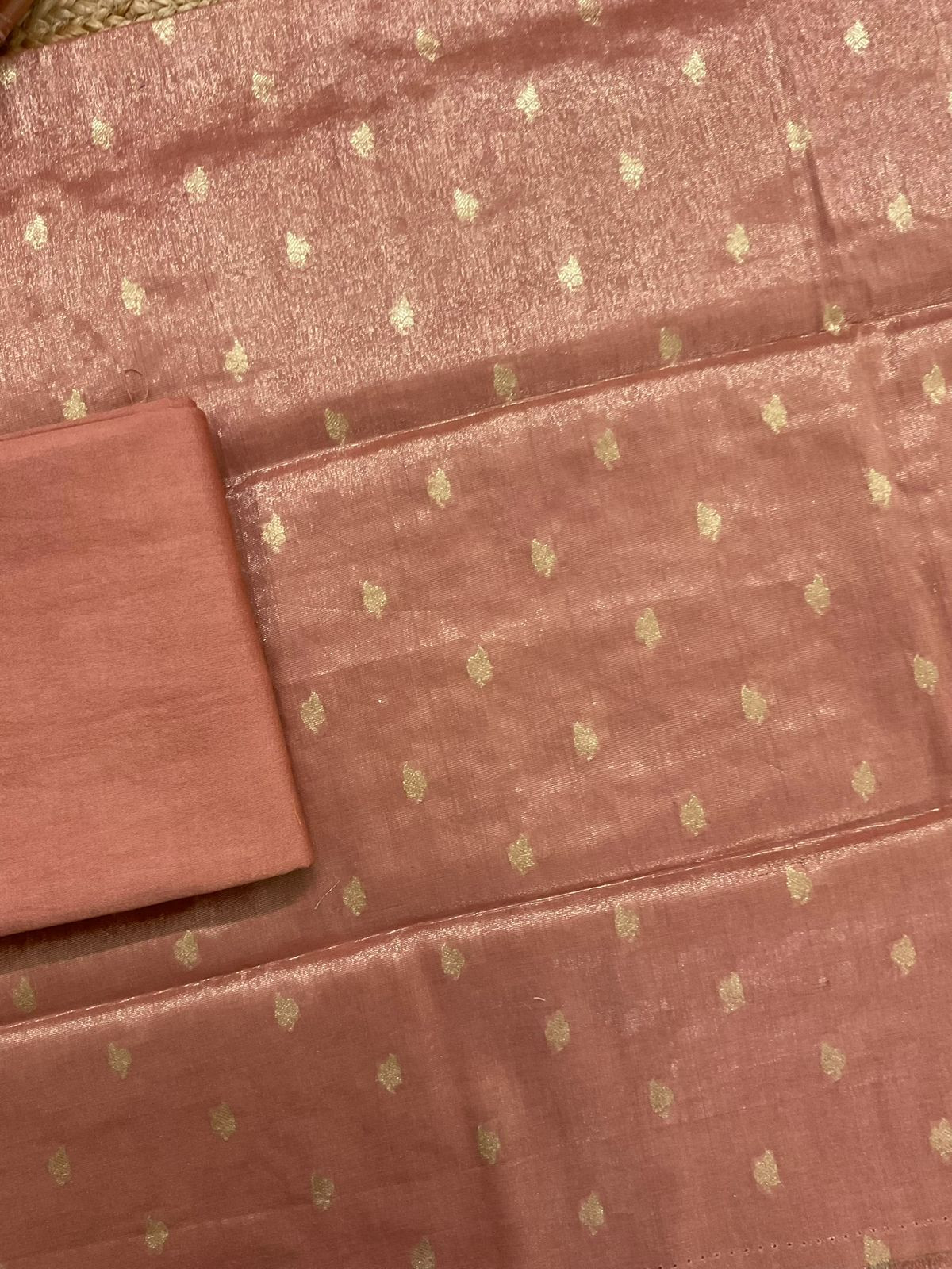 Soft Fine Tissue Shimmer Silk Banarasi Weaved Embroidered Suit - Peach