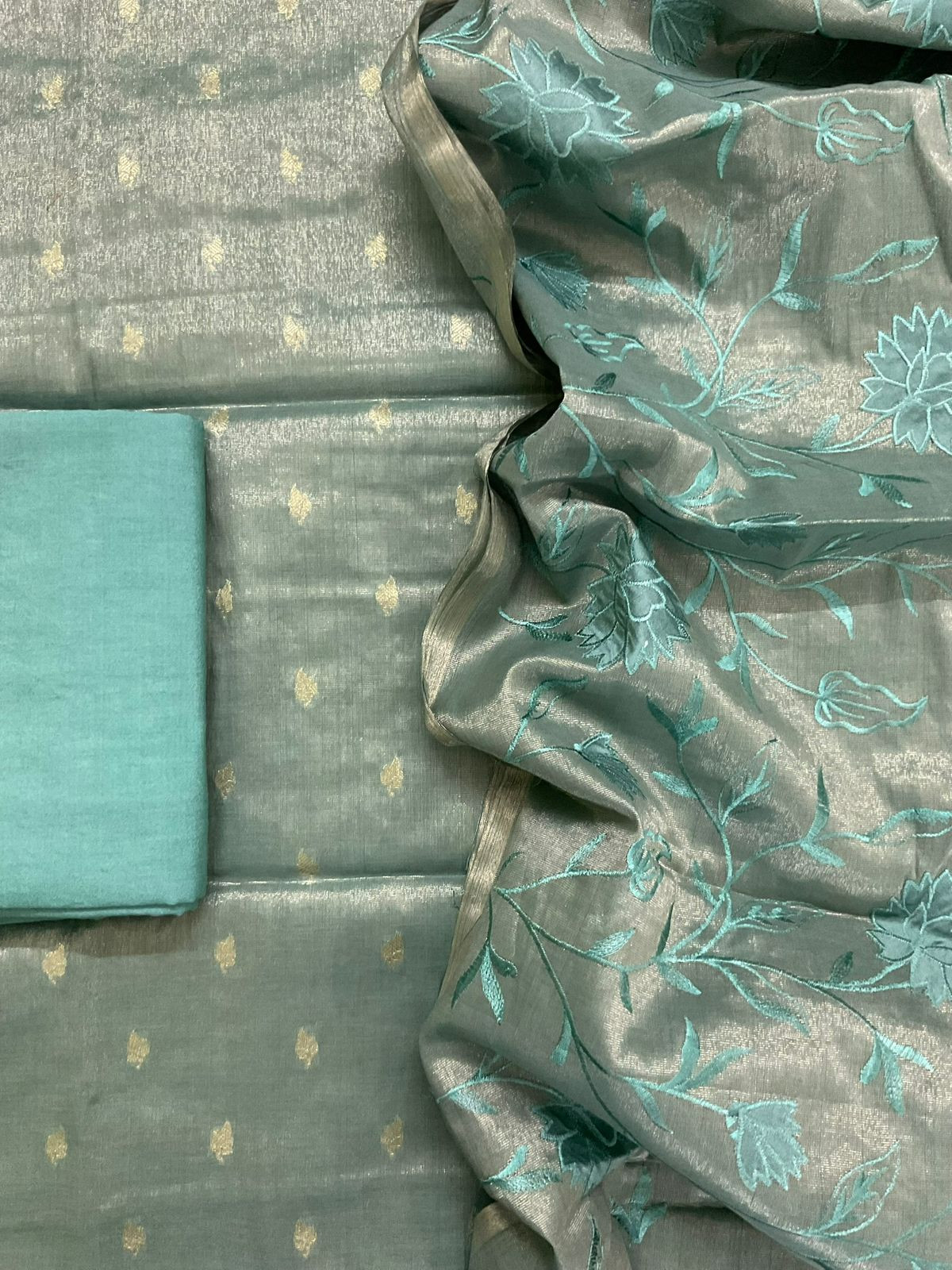 Soft Fine Tissue Shimmer Silk Banarasi Weaved Embroidered Suit - Green