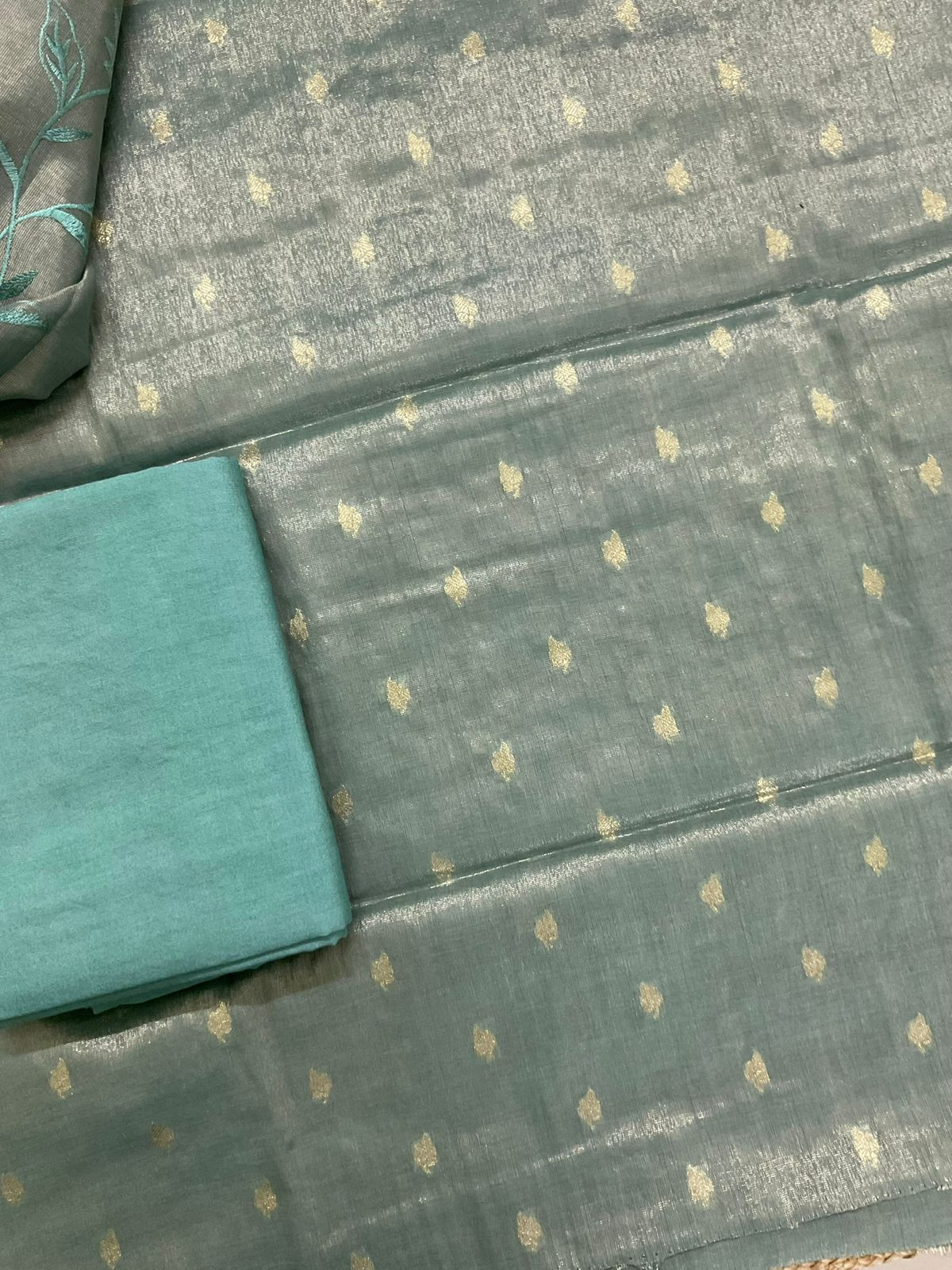 Soft Fine Tissue Shimmer Silk Banarasi Weaved Embroidered Suit - Green