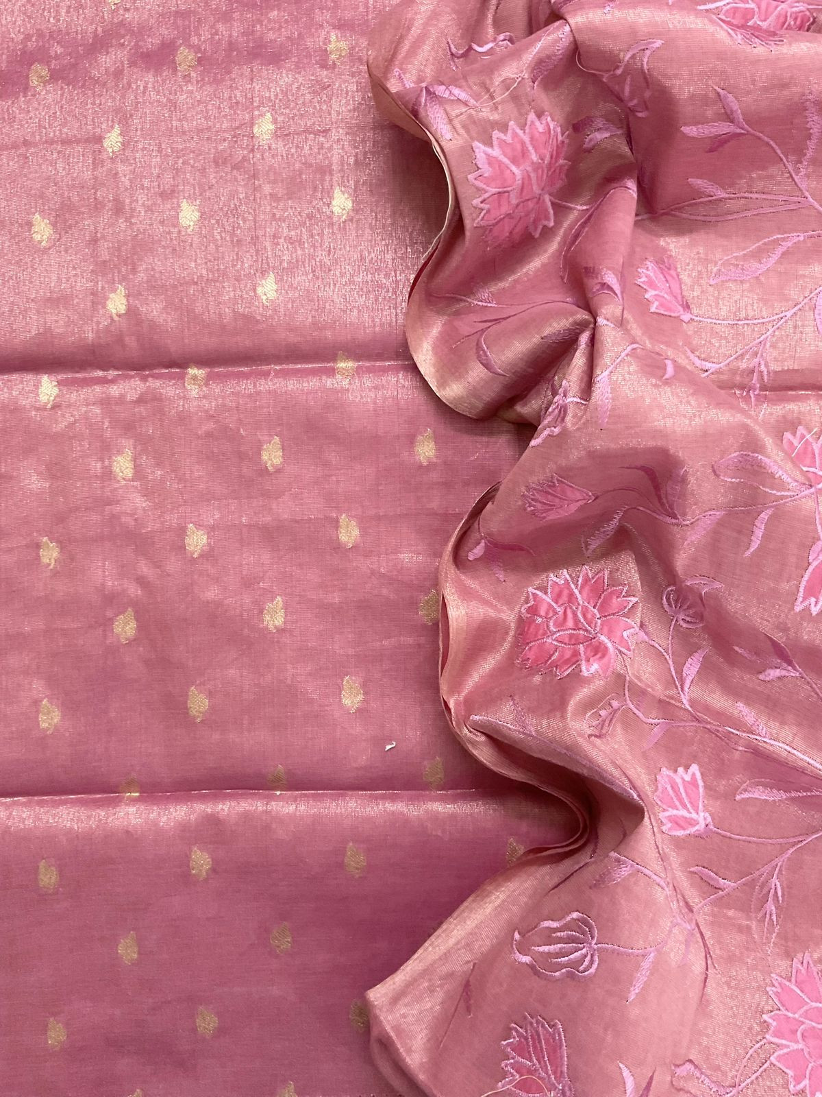 Soft Fine Tissue Shimmer Silk Banarasi Weaved Embroidered Suit - Pink