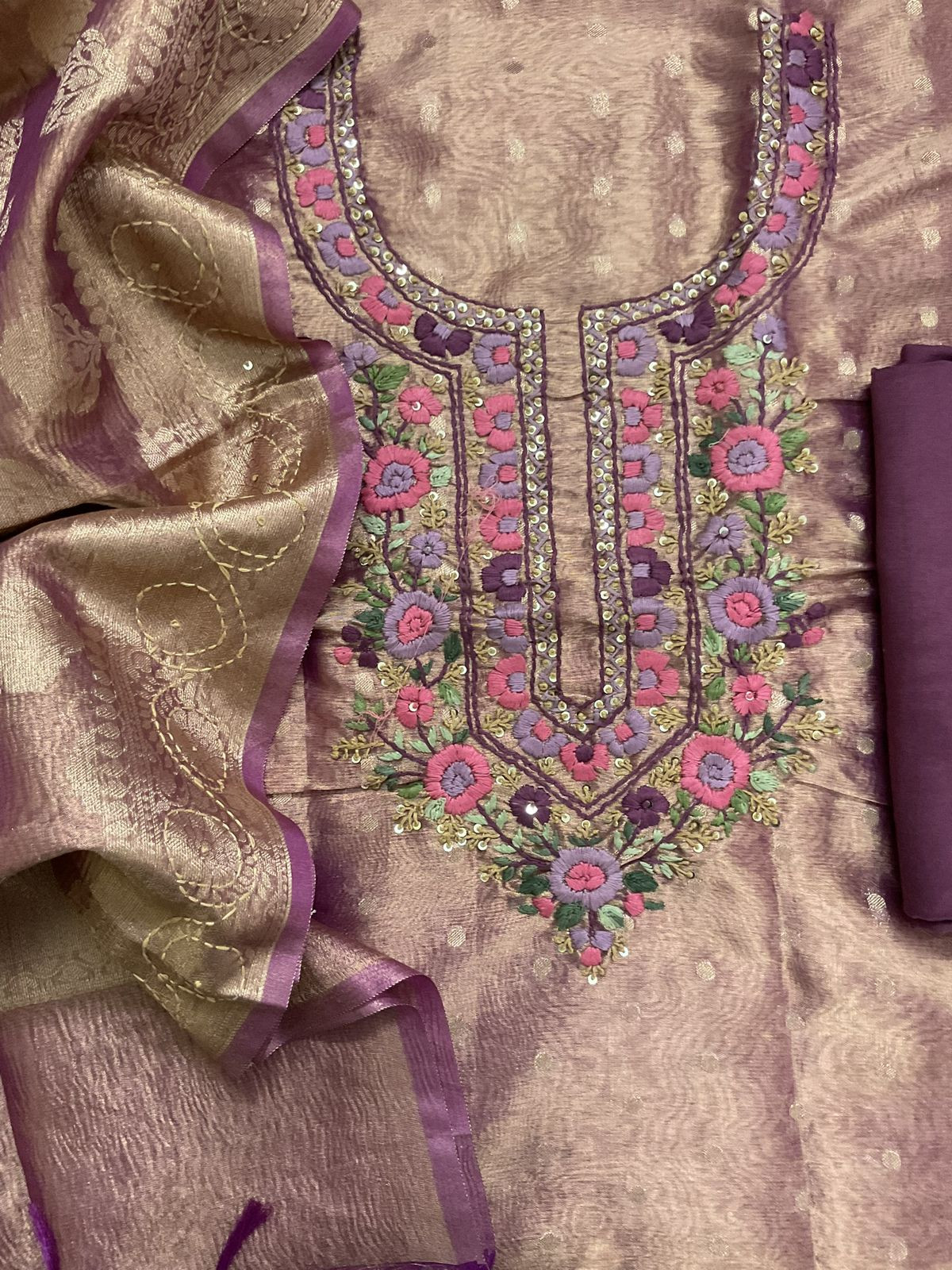 Soft Tissue Shimmer Silk Banarasi Weaved Embroidered Suit - Purple