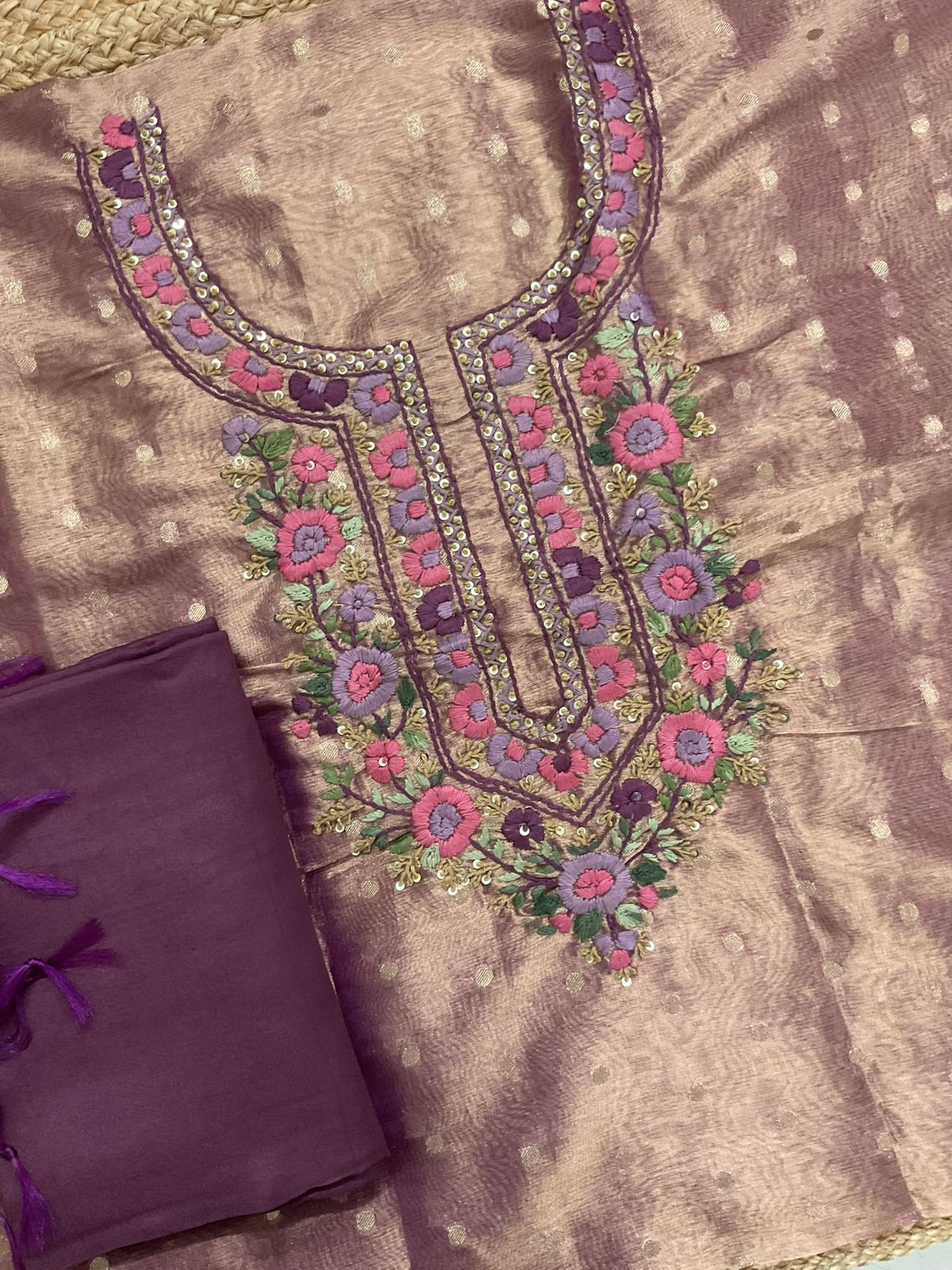 Soft Tissue Shimmer Silk Banarasi Weaved Embroidered Suit - Purple