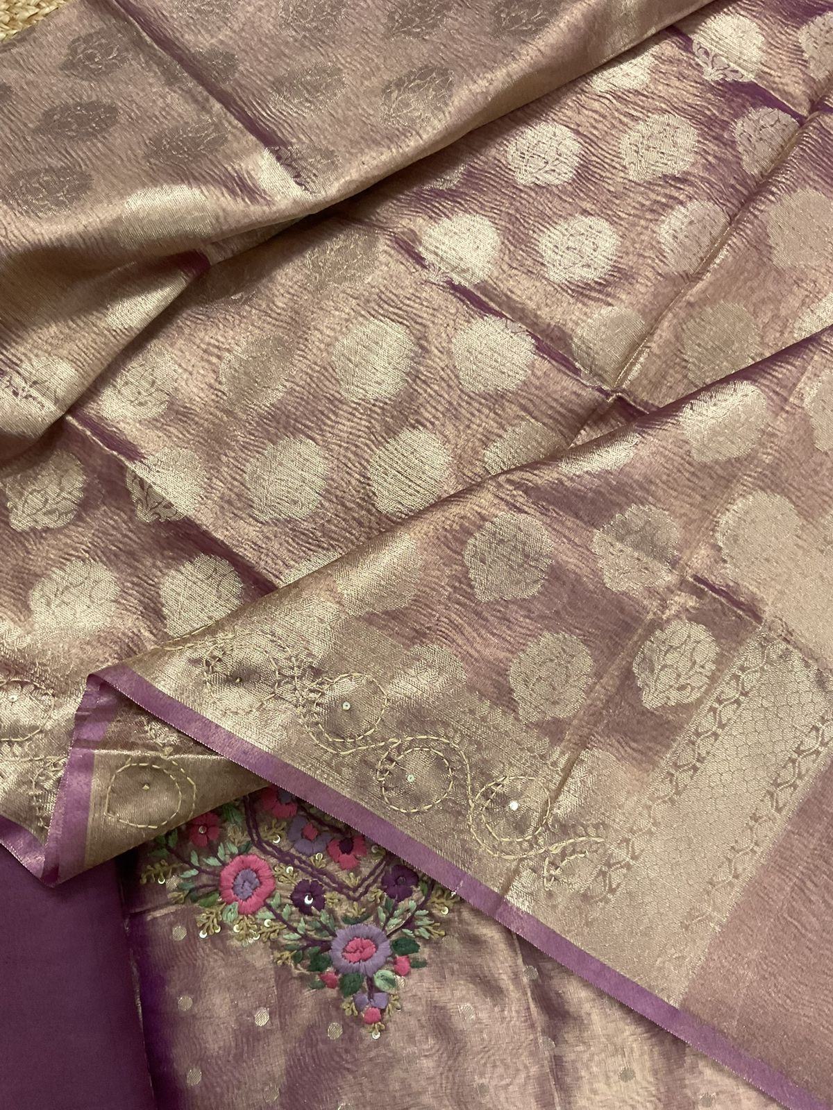 Soft Tissue Shimmer Silk Banarasi Weaved Embroidered Suit - Purple