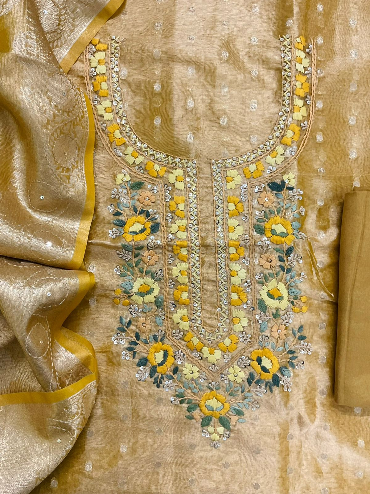 Soft Tissue Shimmer Silk Banarasi Weaved Embroidered Suit - Yellow