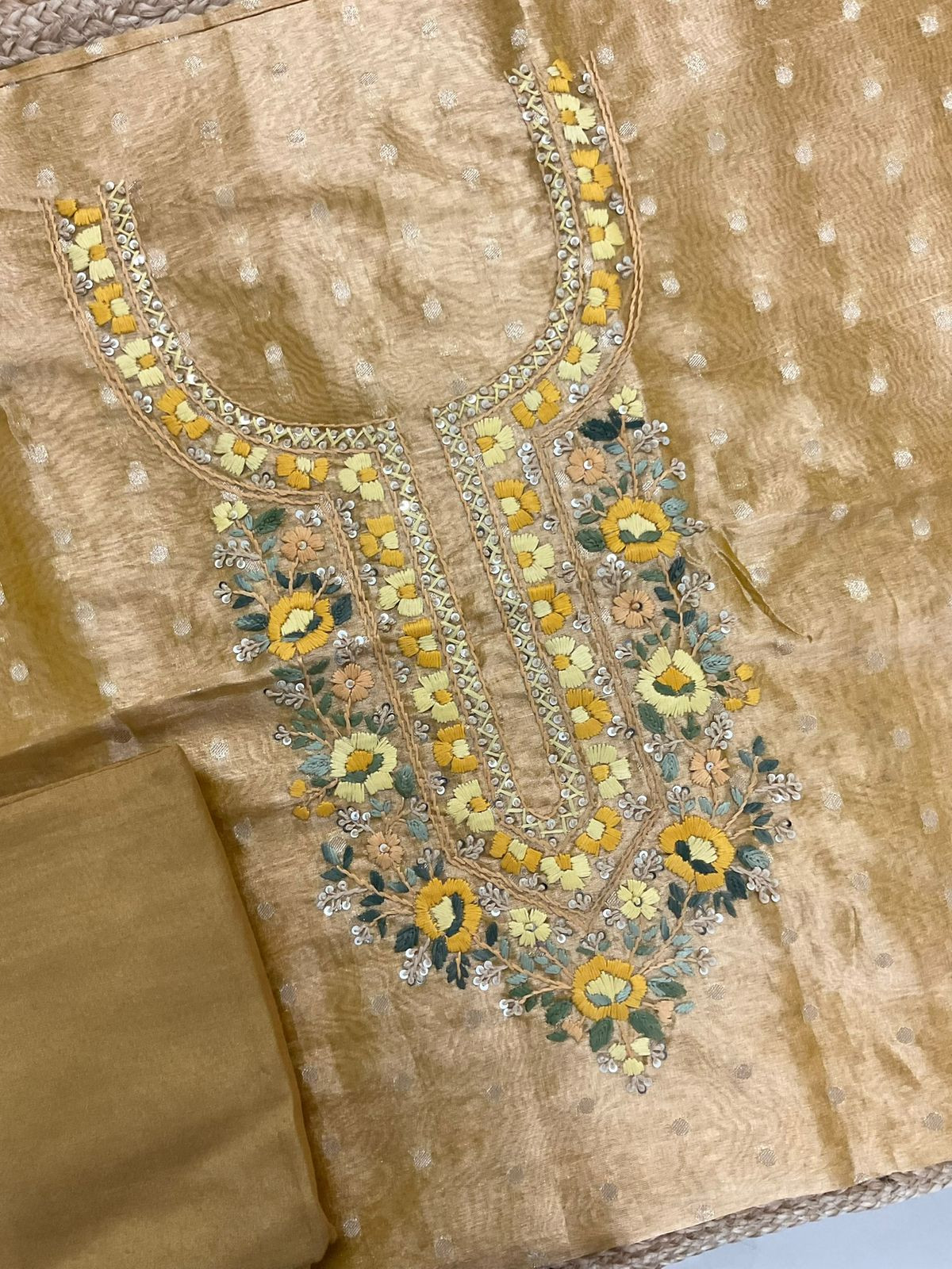 Soft Tissue Shimmer Silk Banarasi Weaved Embroidered Suit - Yellow