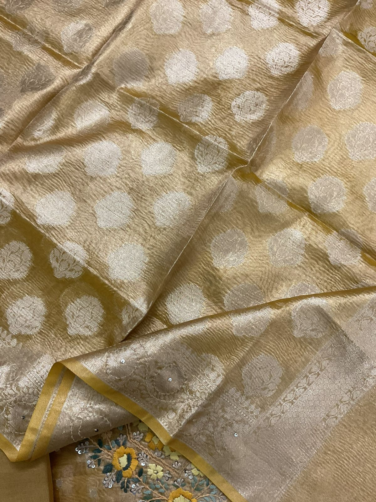 Soft Tissue Shimmer Silk Banarasi Weaved Embroidered Suit - Yellow