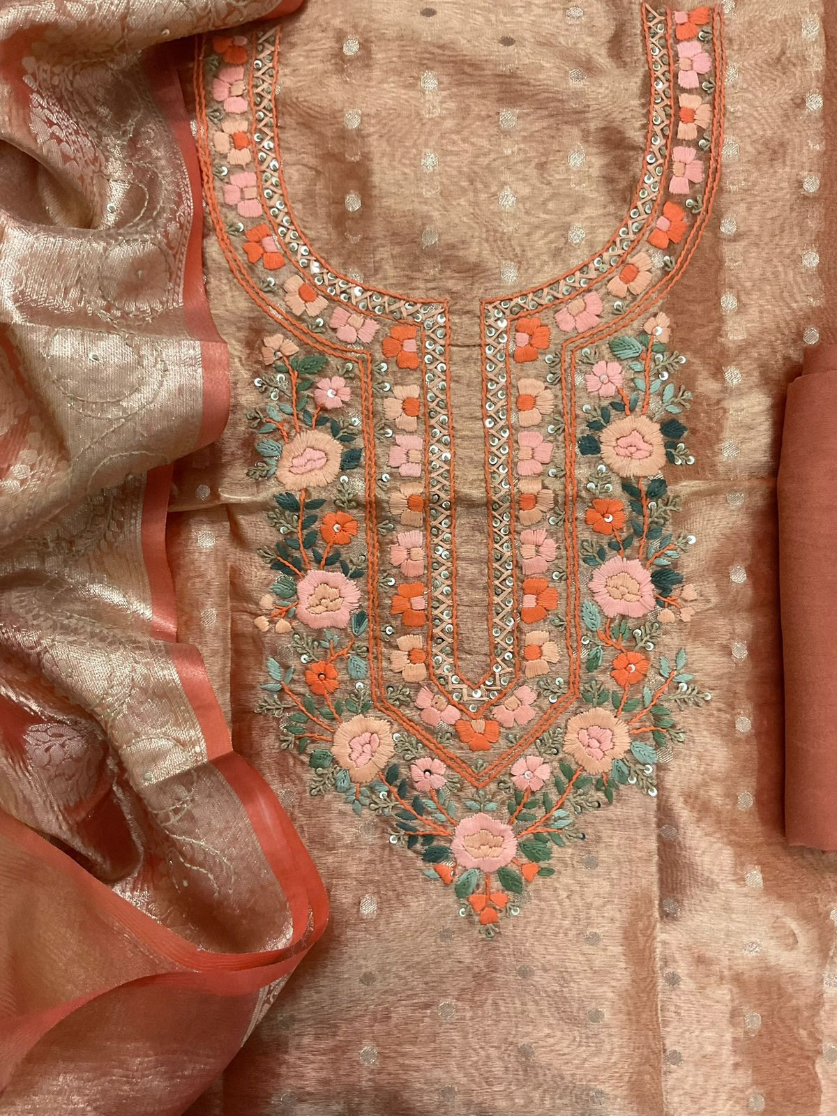 Soft Tissue Shimmer Silk Banarasi Weaved Embroidered Suit - Orange
