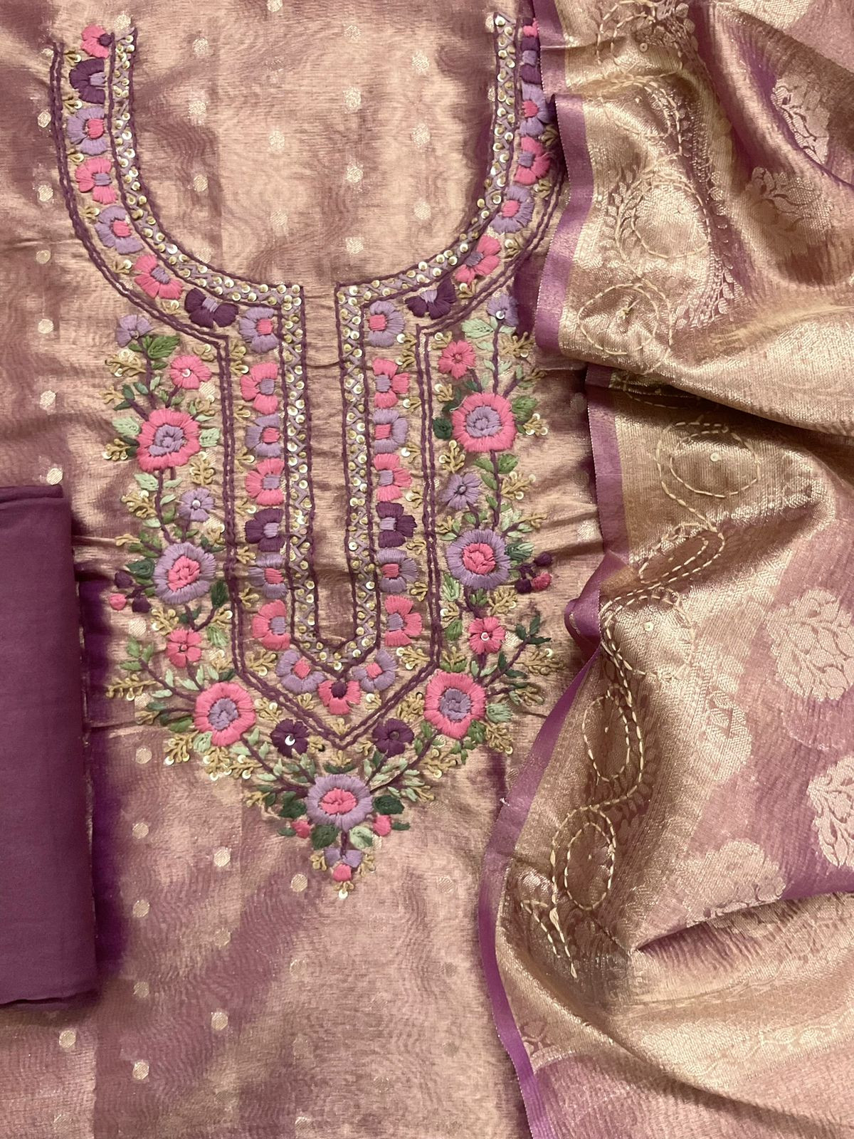 Soft Tissue Shimmer Silk Banarasi Weaved Embroidered Suit - Purple