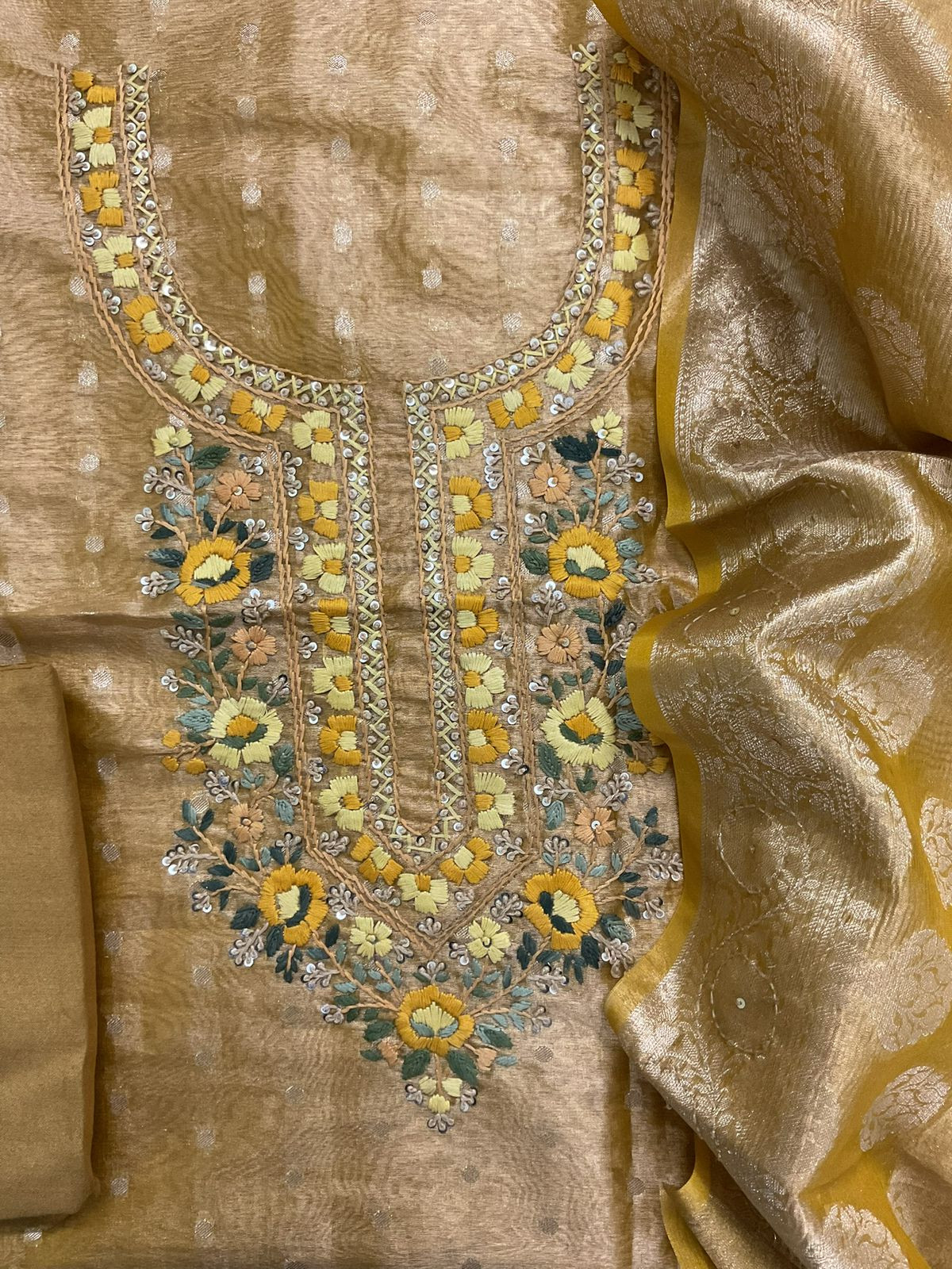 Soft Tissue Shimmer Silk Banarasi Weaved Embroidered Suit - Yellow
