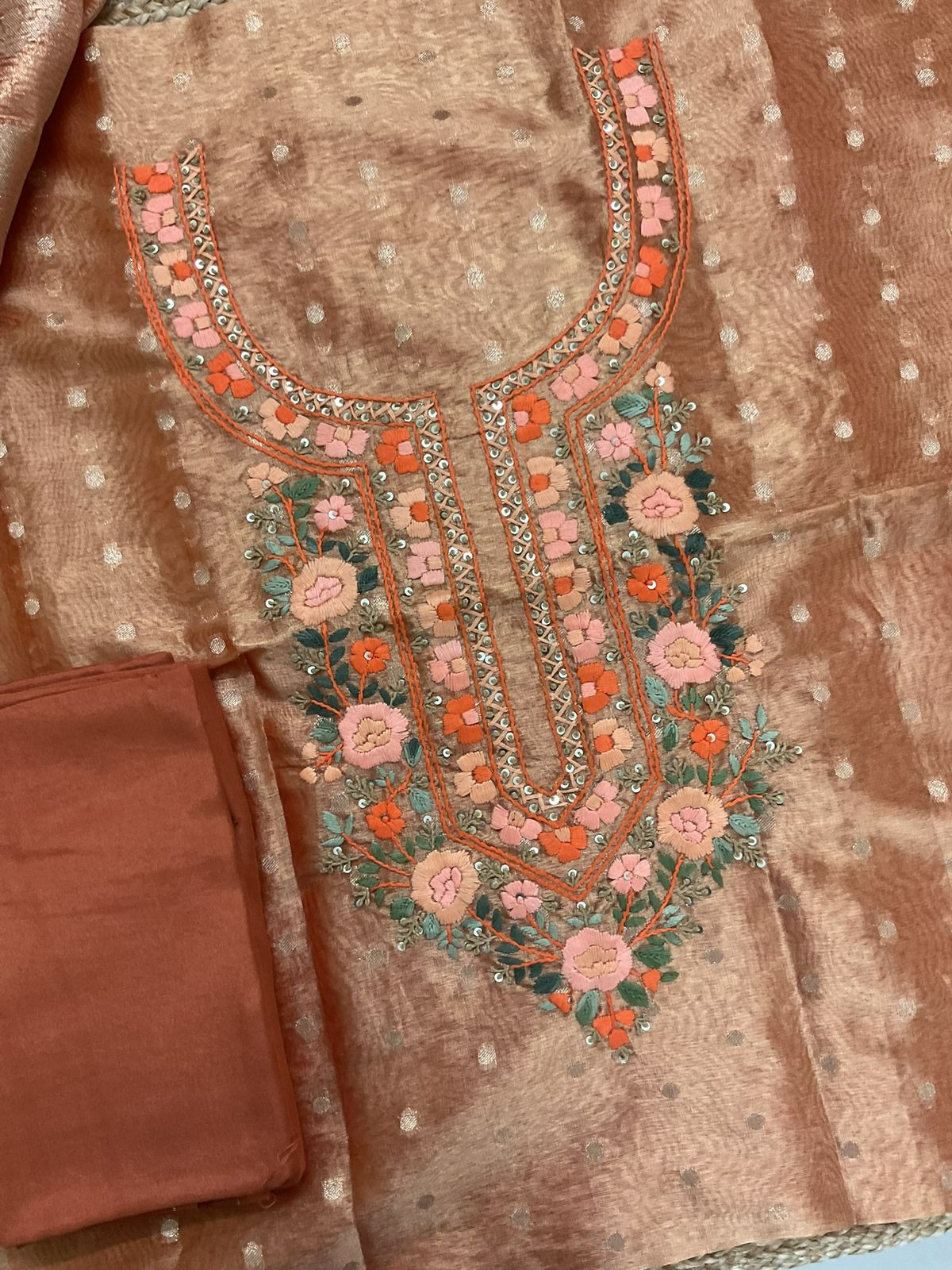 Soft Tissue Shimmer Silk Banarasi Weaved Embroidered Suit - Orange
