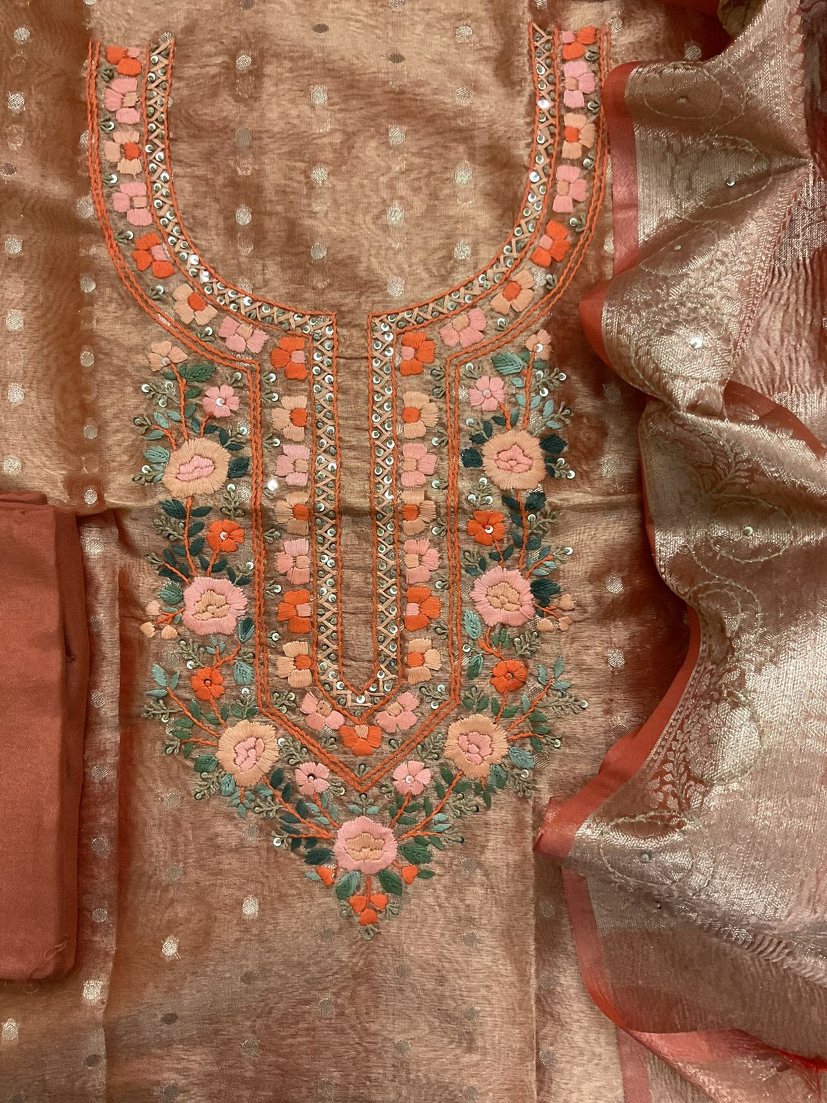 Soft Tissue Shimmer Silk Banarasi Weaved Embroidered Suit - Orange
