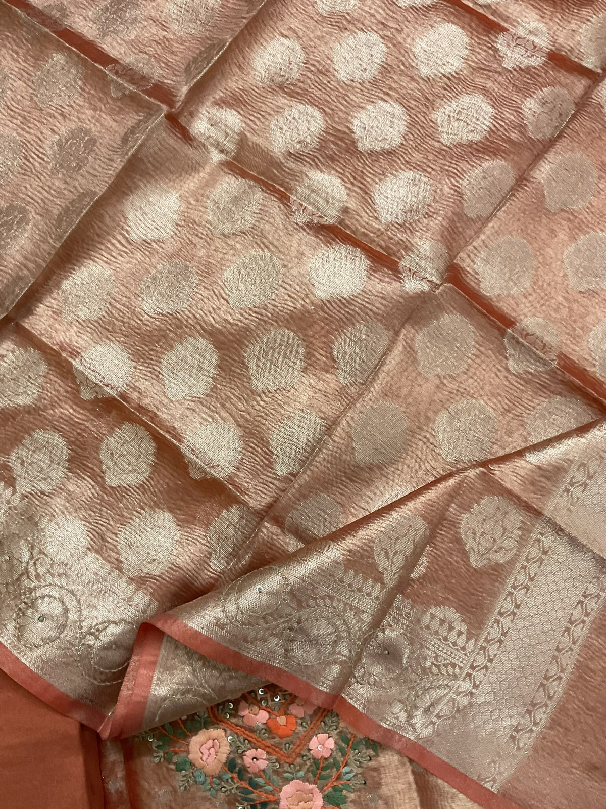 Soft Tissue Shimmer Silk Banarasi Weaved Embroidered Suit - Orange