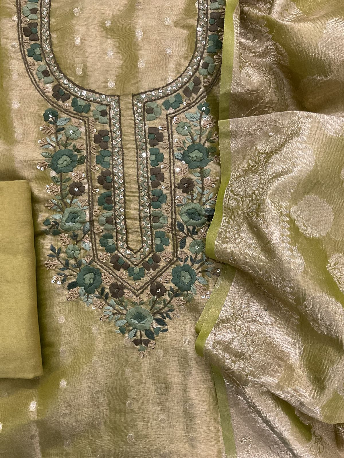Soft Tissue Shimmer Silk Banarasi Weaved Embroidered Suit - Green