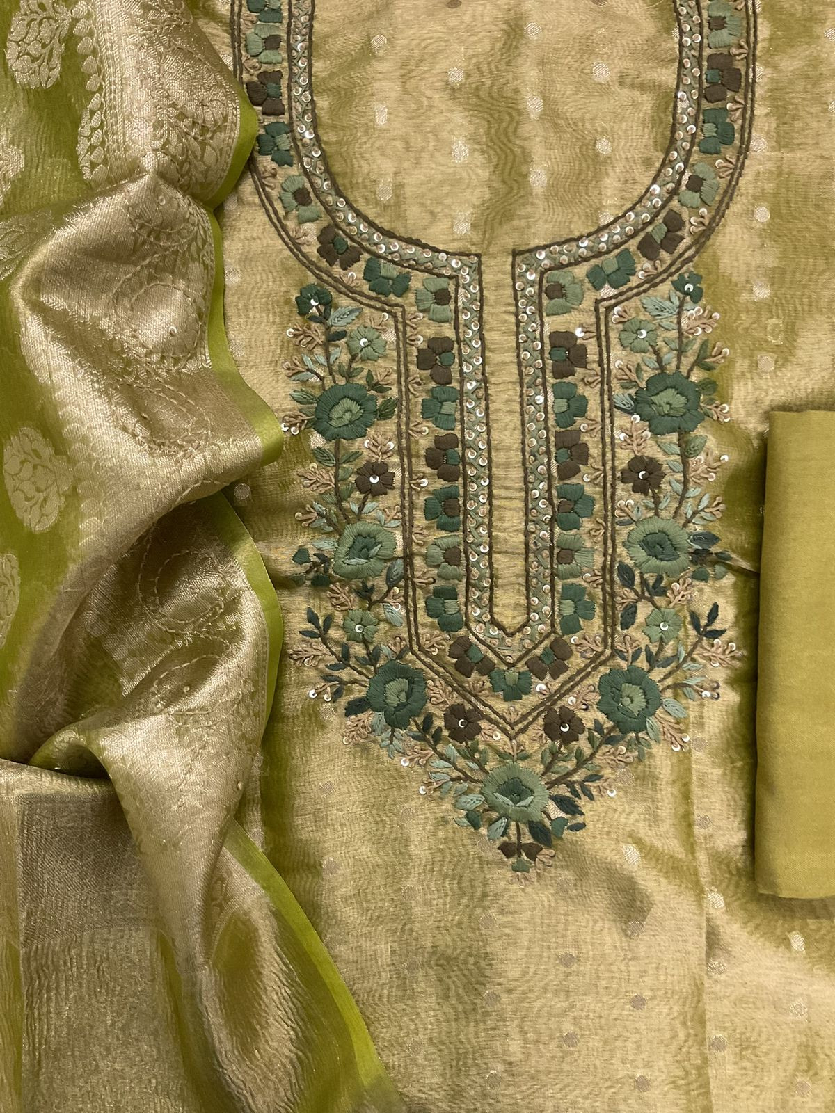 Soft Tissue Shimmer Silk Banarasi Weaved Embroidered Suit - Green