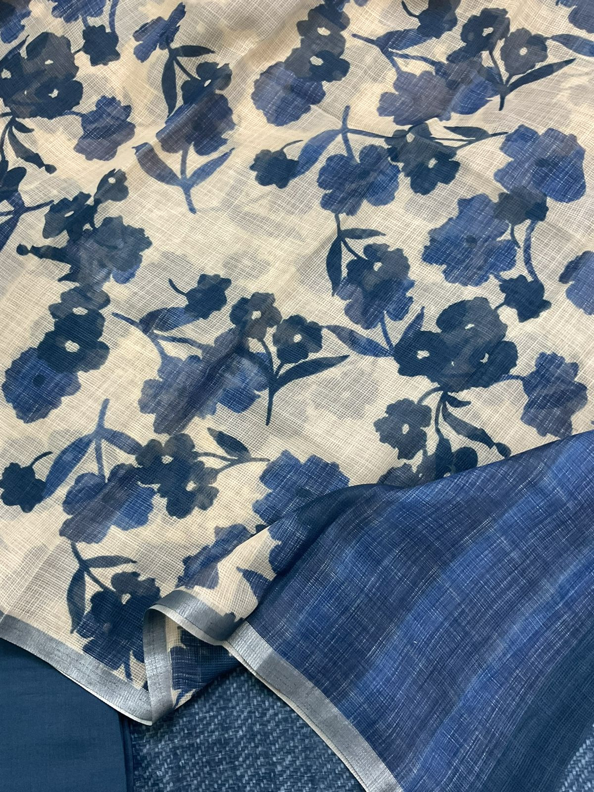 Soft Linen Jute Cotton Printed Embroidered Suit - Blue