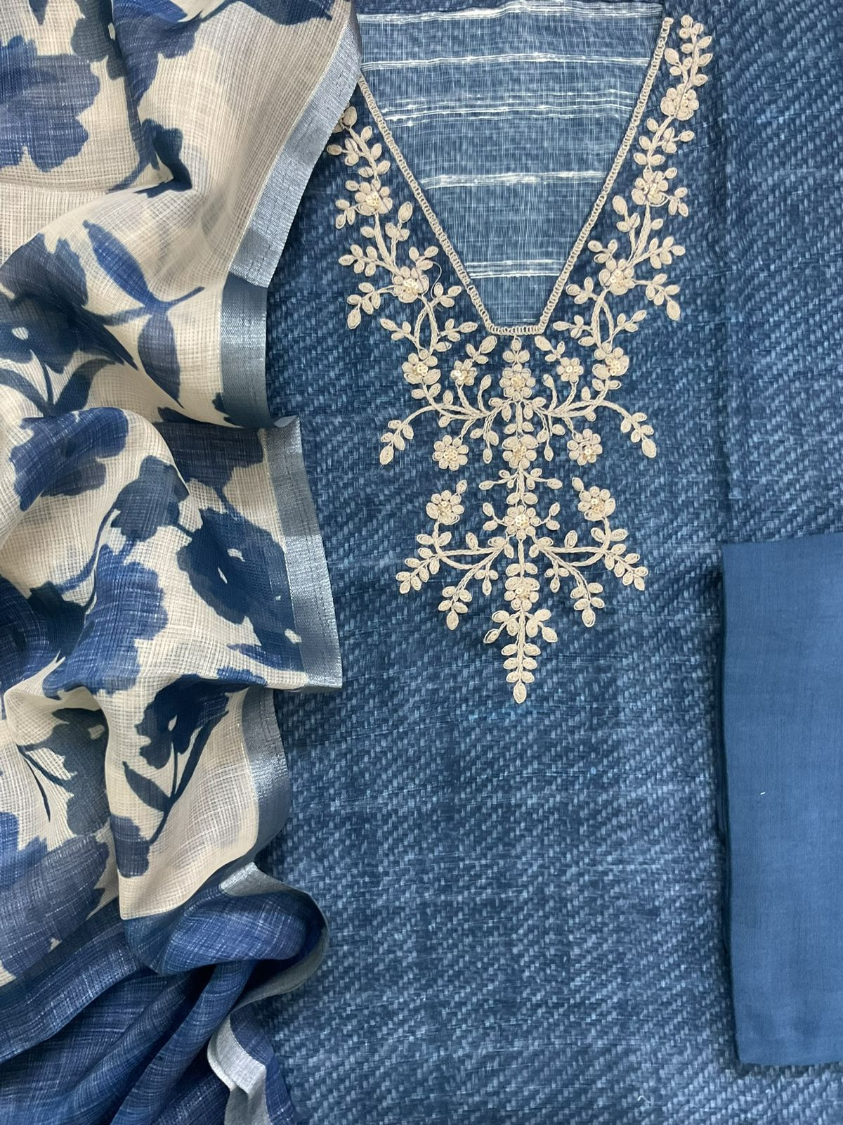 Soft Linen Jute Cotton Printed Embroidered Suit - Blue