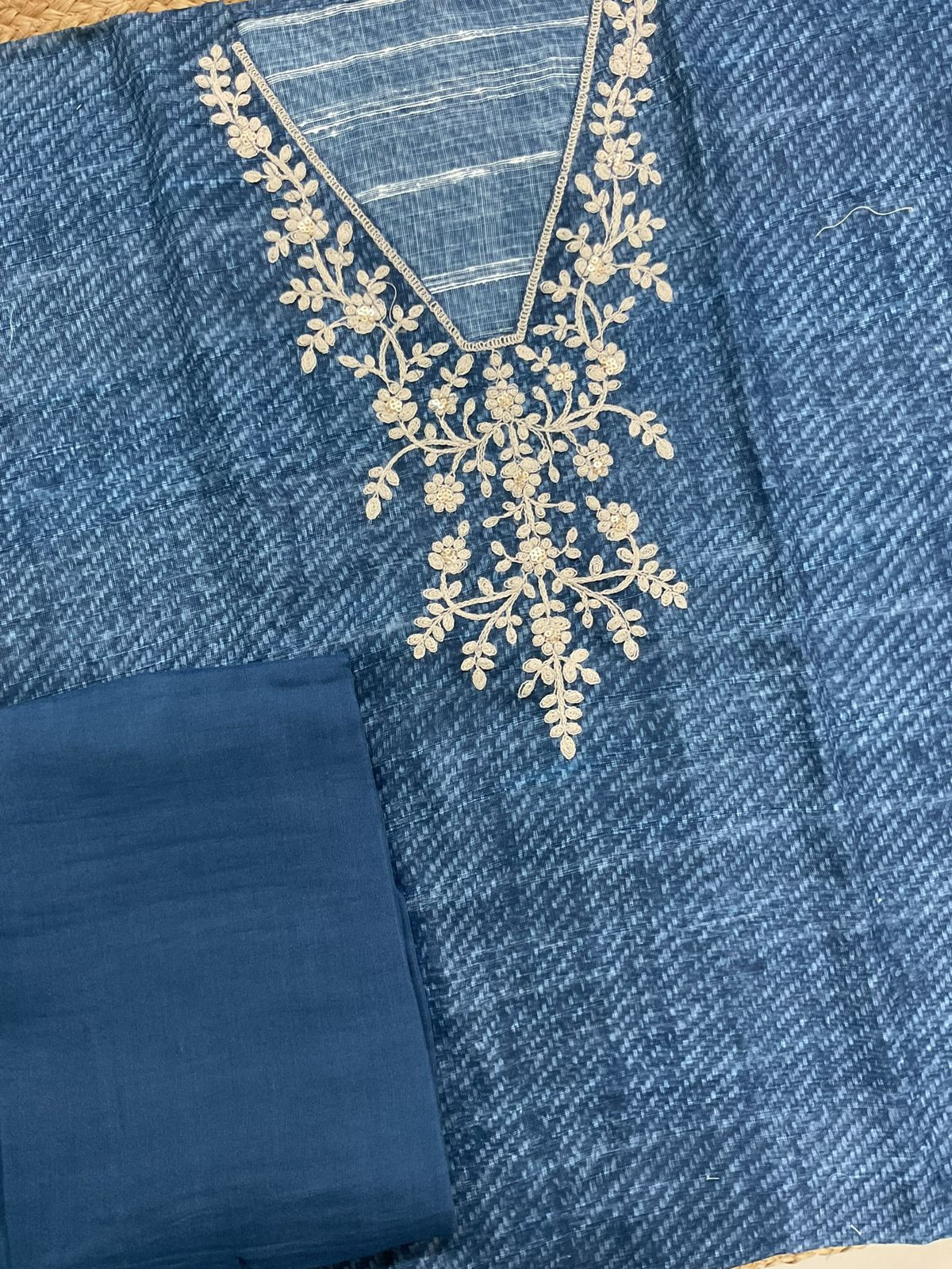 Soft Linen Jute Cotton Printed Embroidered Suit - Blue