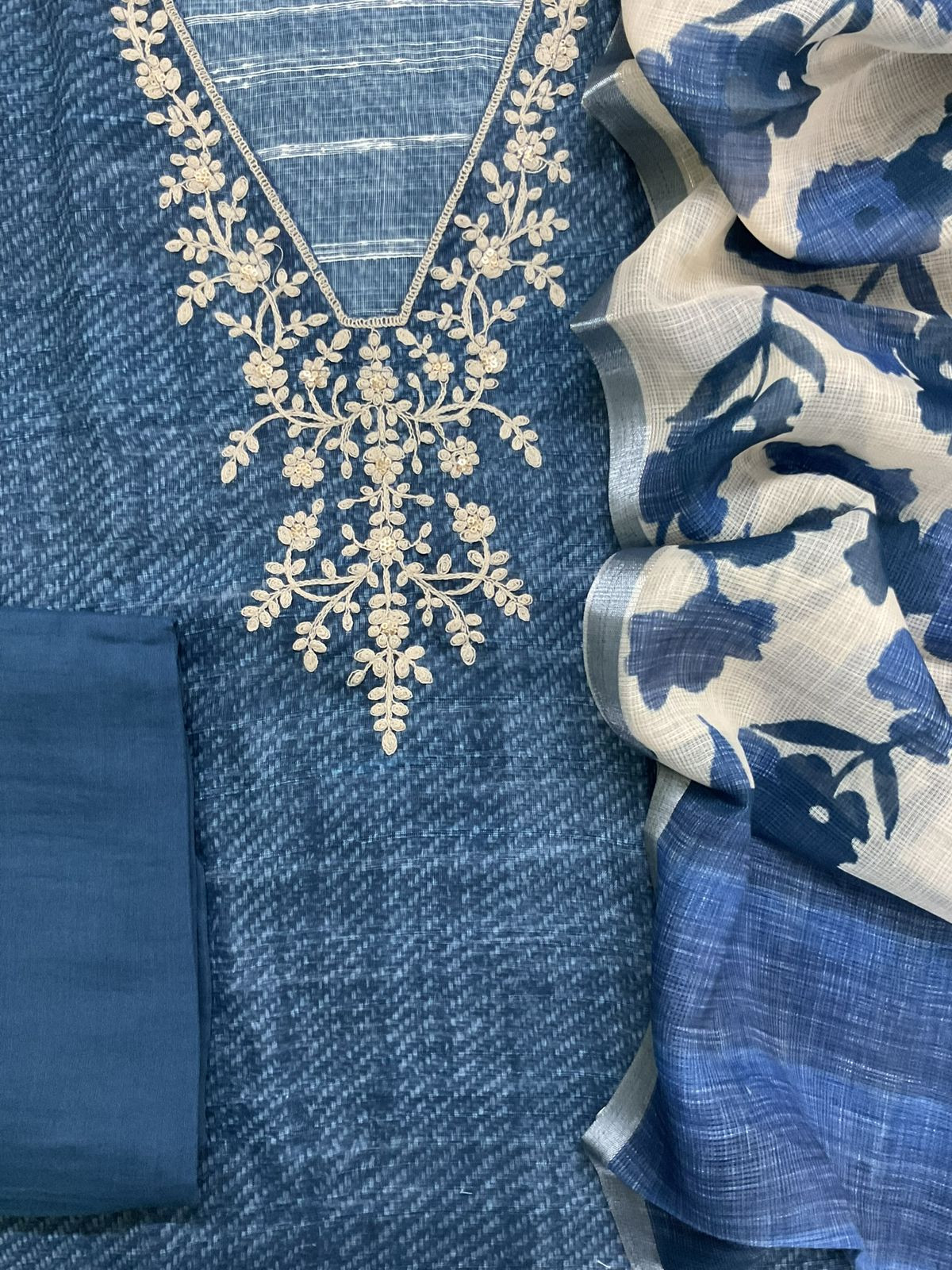 Soft Linen Jute Cotton Printed Embroidered Suit - Blue
