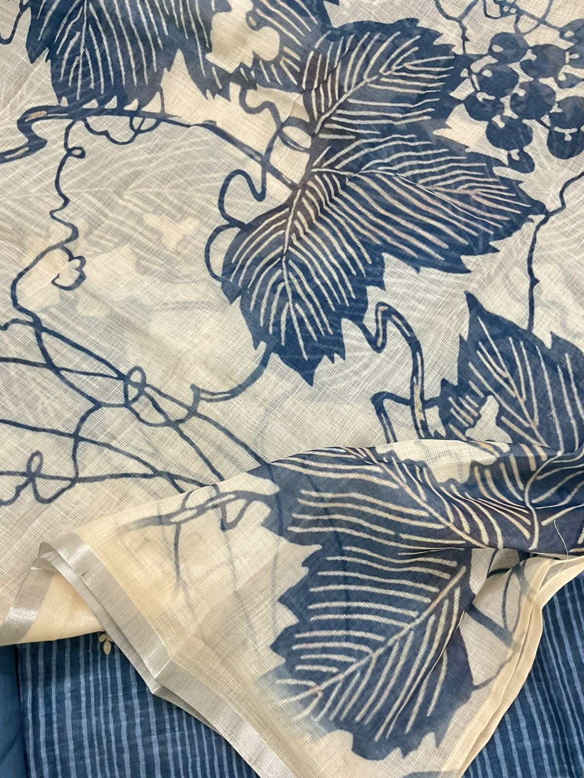 Soft Linen Jute Cotton Printed Embroidered Suit - Blue