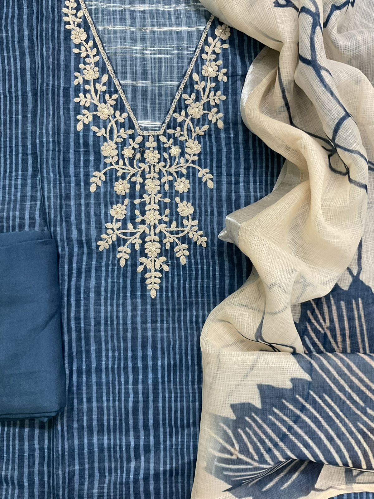 Soft Linen Jute Cotton Printed Embroidered Suit - Blue