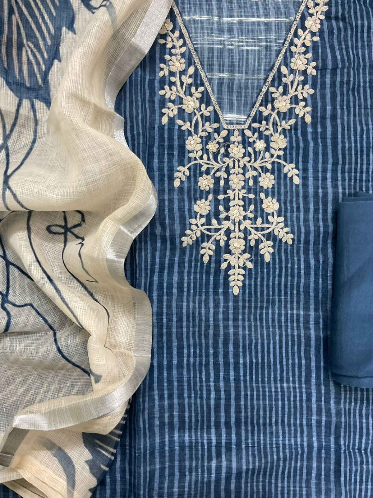 Soft Linen Jute Cotton Printed Embroidered Suit - Blue
